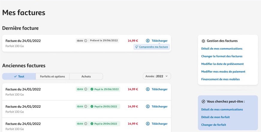 Page Factures espace client Auchan Telecom