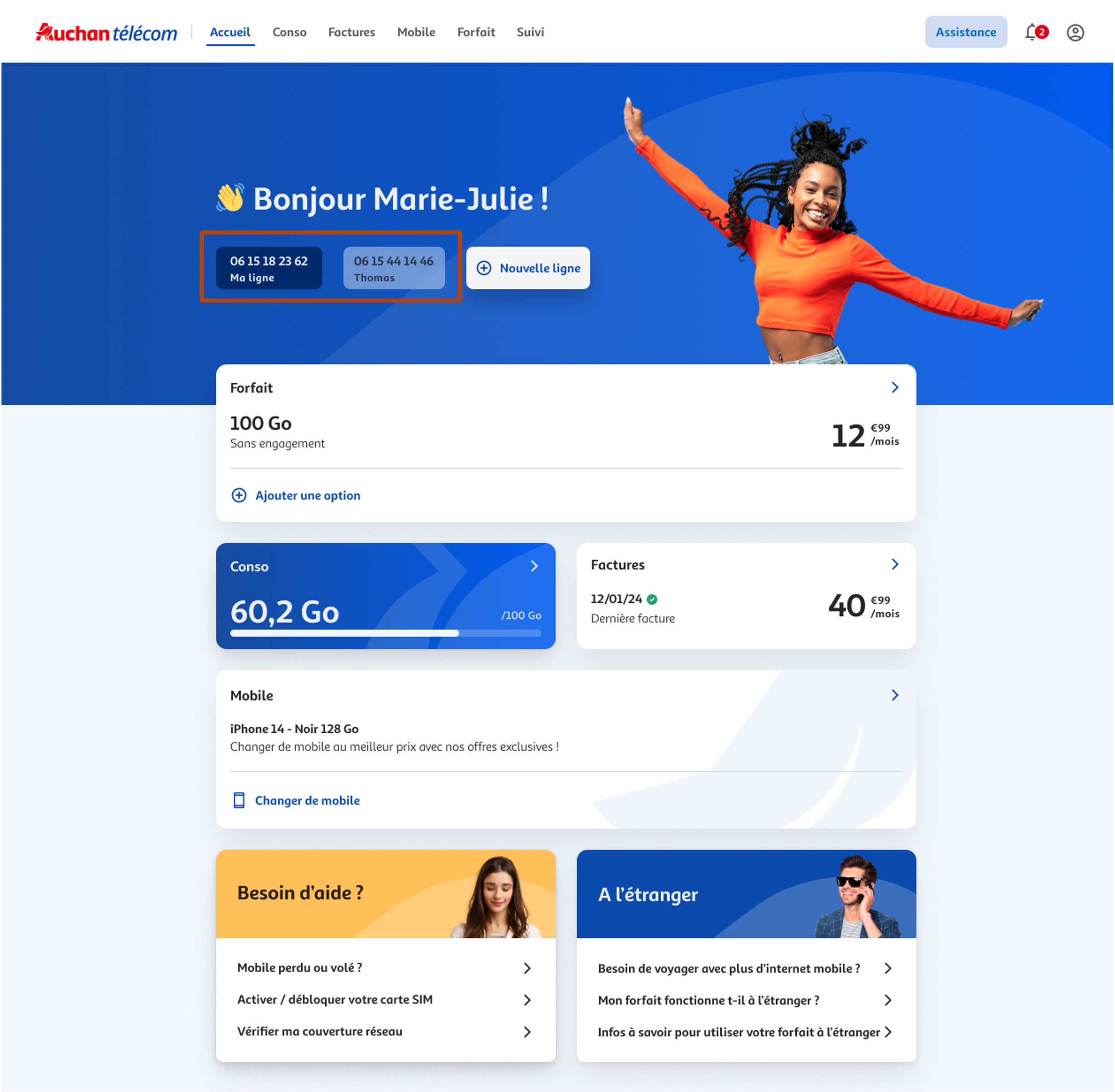 Page Accueil retrouver toutes les lignes espace client Auchan Telecom