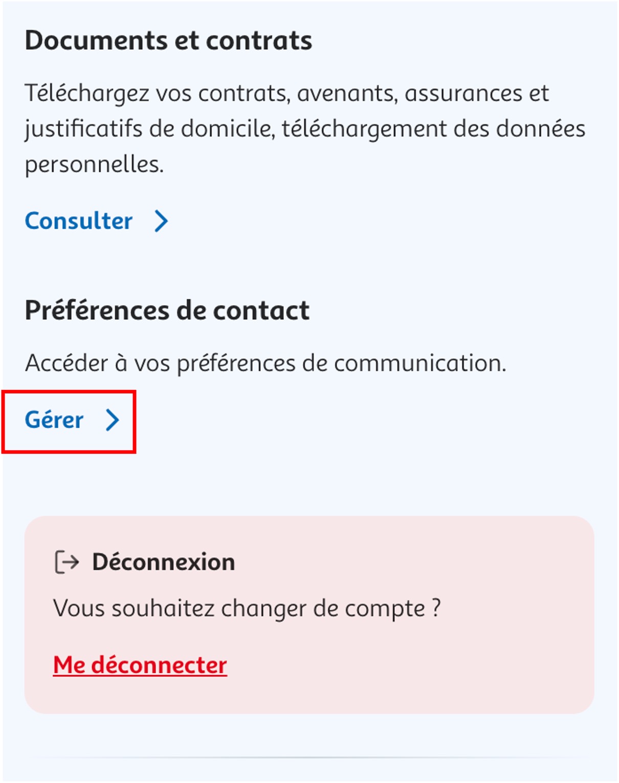 Etape 3 - Dans "Préférences des contact" cliquer sur "Gérer" (Activer ou désactiver l'envoi de propositions commerciales)