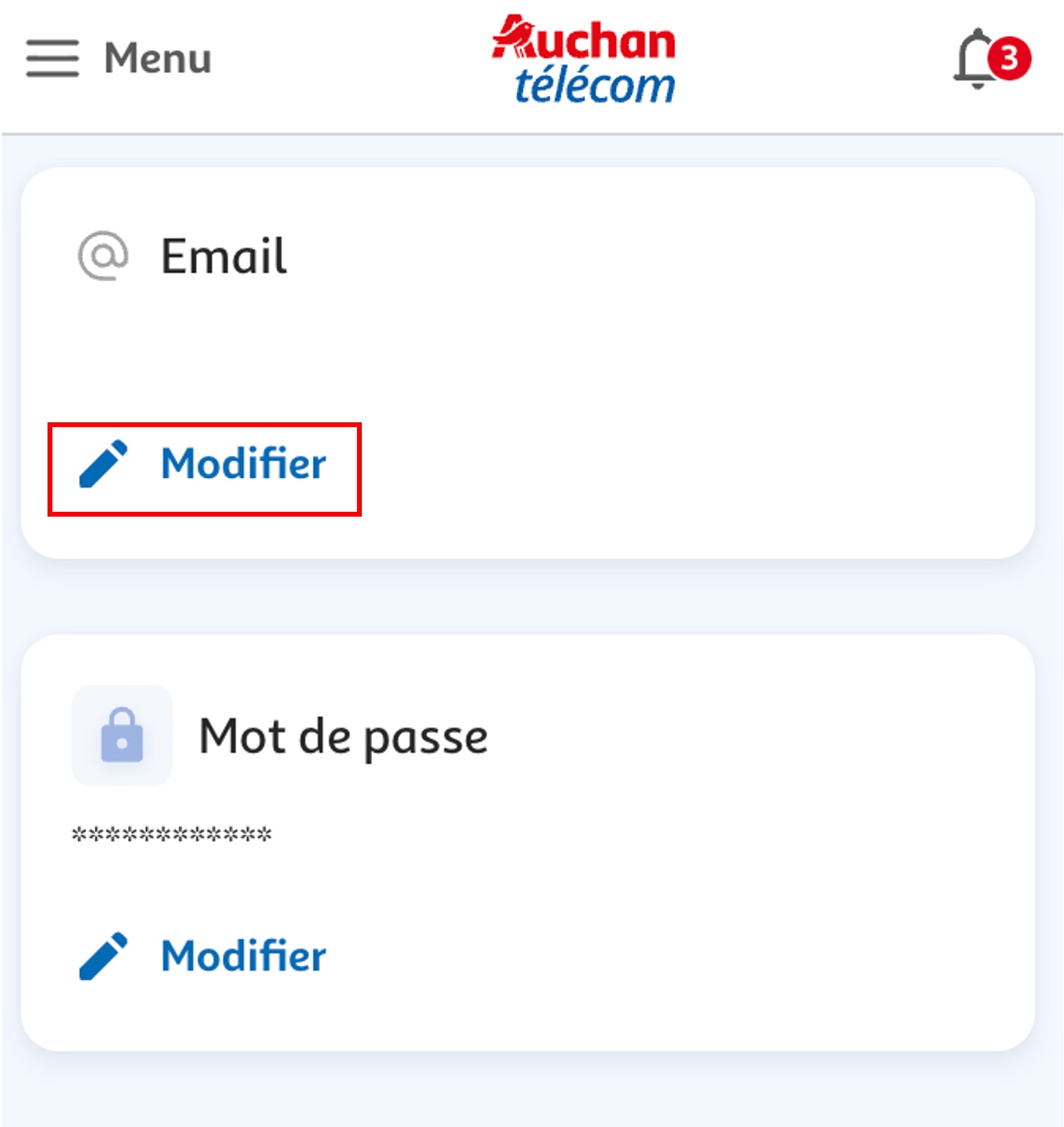 Etape 3 - Dans "Email" cliquer sur "Modifier" (Mettre à jour l'adresse e-mail sur espace client)