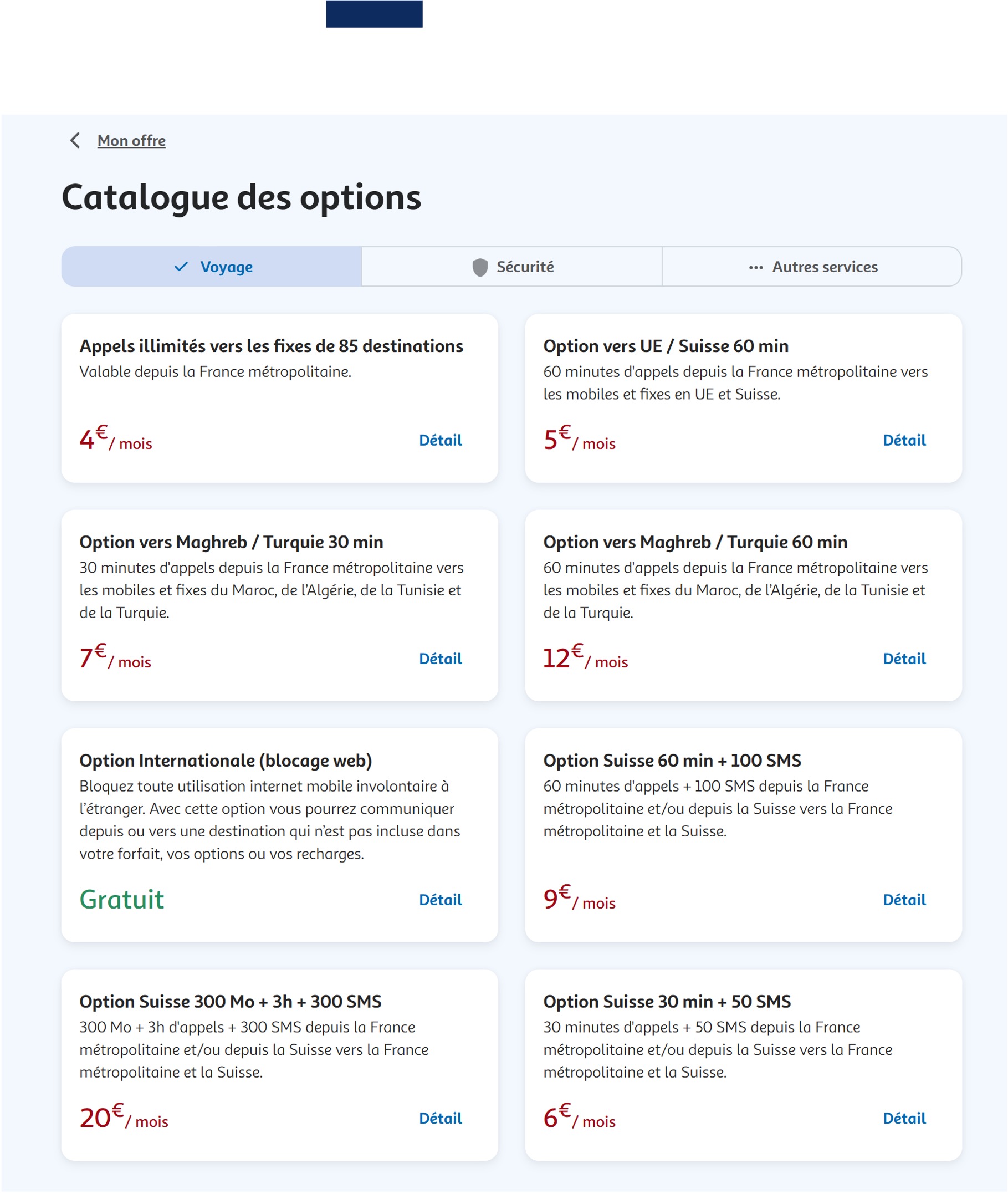 Etape 3 - Cliquer sur "Voyage" et choisir l'option (Souscrire option étranger Auchan télécom)