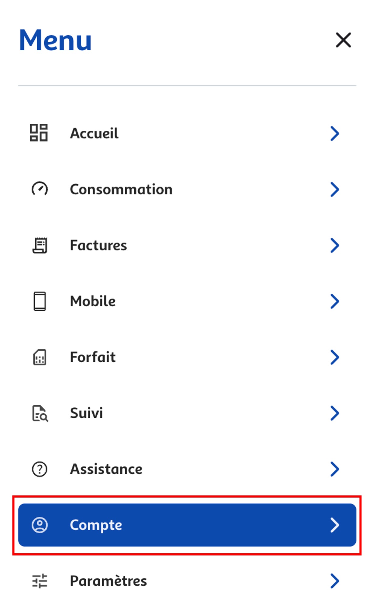 Etape 2 - Cliquez sur "Compte" (Supprimer utilisateur ligne espace client)