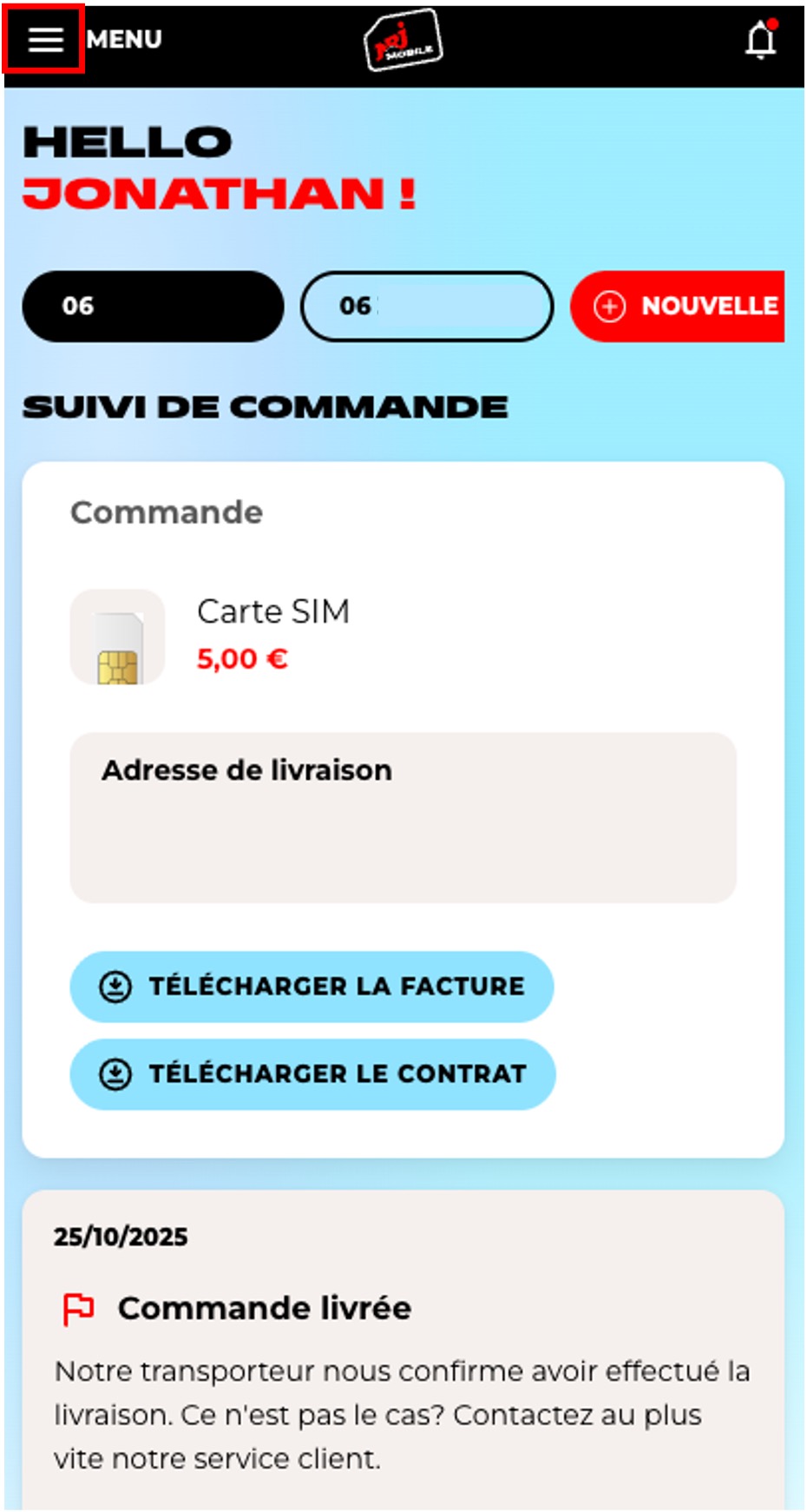 Etape 1 - Cliquer sur l'icône en haut à gauche à côté de "Menu" (Trouver et télécharger la facture NRJ mobile)