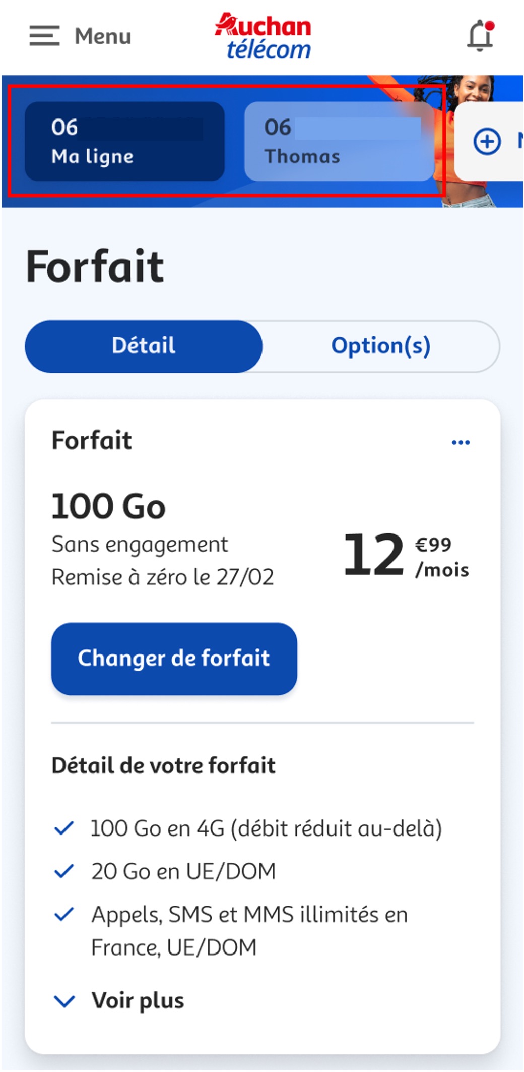 Page Accueil retrouver toutes les lignes espace client Auchan Telecom