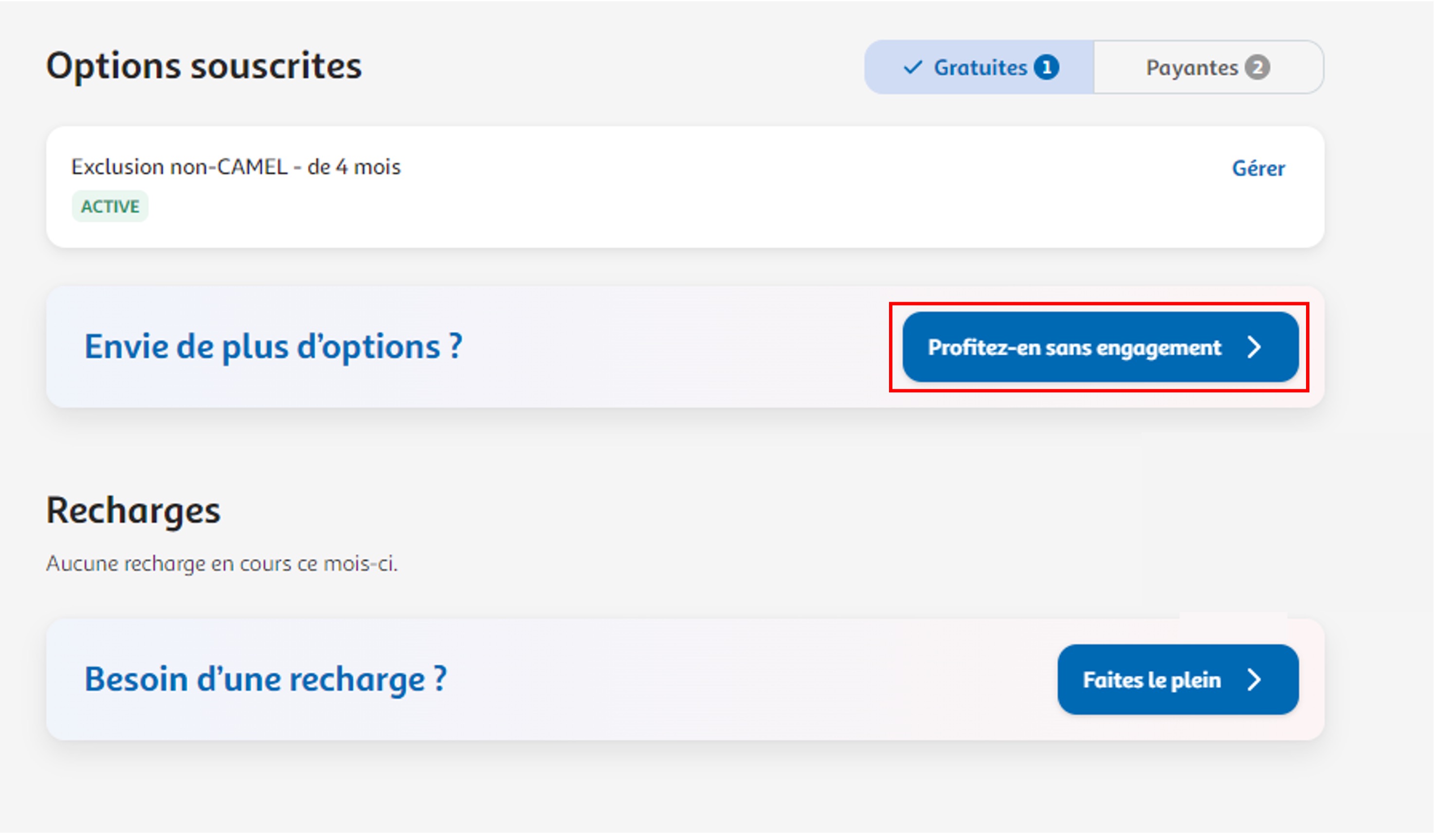 Etape 2 - Dans "Envie de plus d'options" cliquer sur "Profitez-en sans engagement" (Souscrire option étranger Auchan télécom)