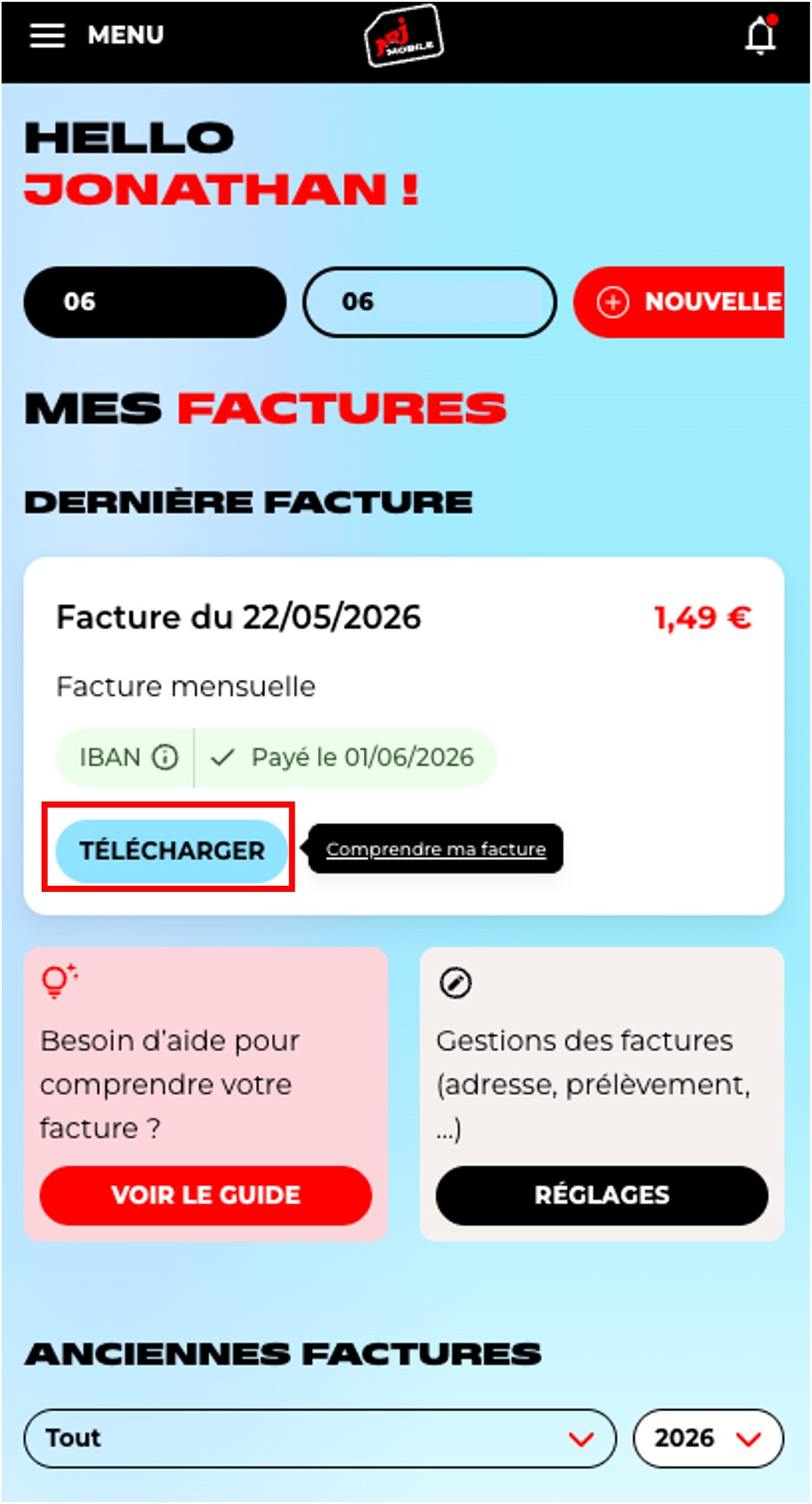 Etape 3 - Cliquez sur "TÉLÉCHARGER" (Trouver et télécharger la facture NRJ mobile)