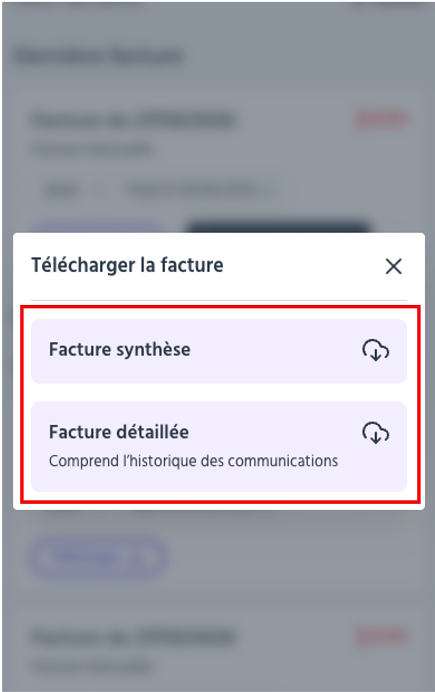 Etape 3 - Choisir entre "Facture synthèse" et "Facture détaillée"(Trouver et télécharger la facture CDiscount mobile)