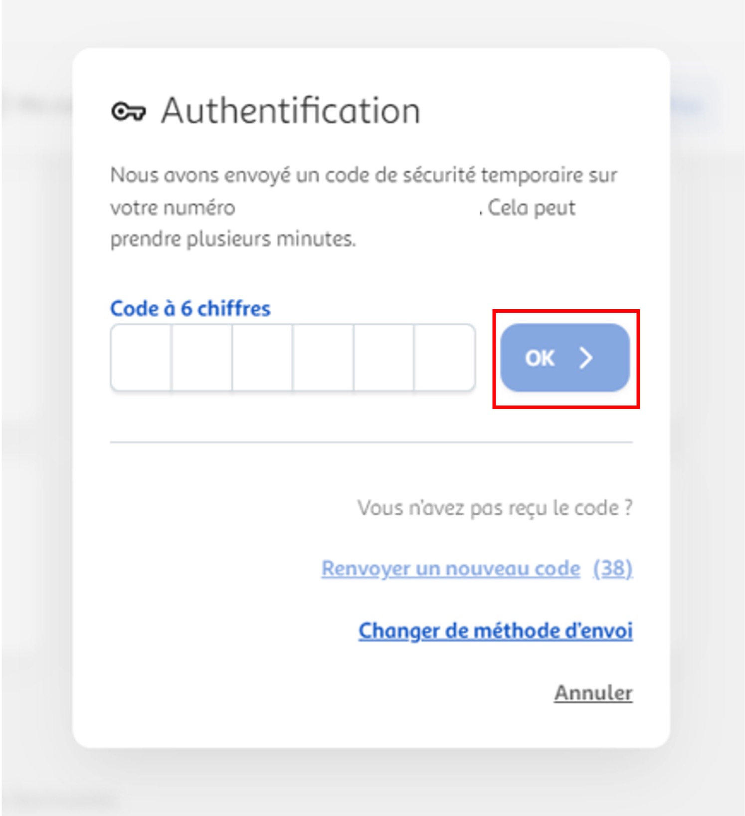 Etape 4 - Inscrire code sécurité à 6 chiffres et cliquer sur "OK" (Réinitialiser mot de passe perdu ou oublié)