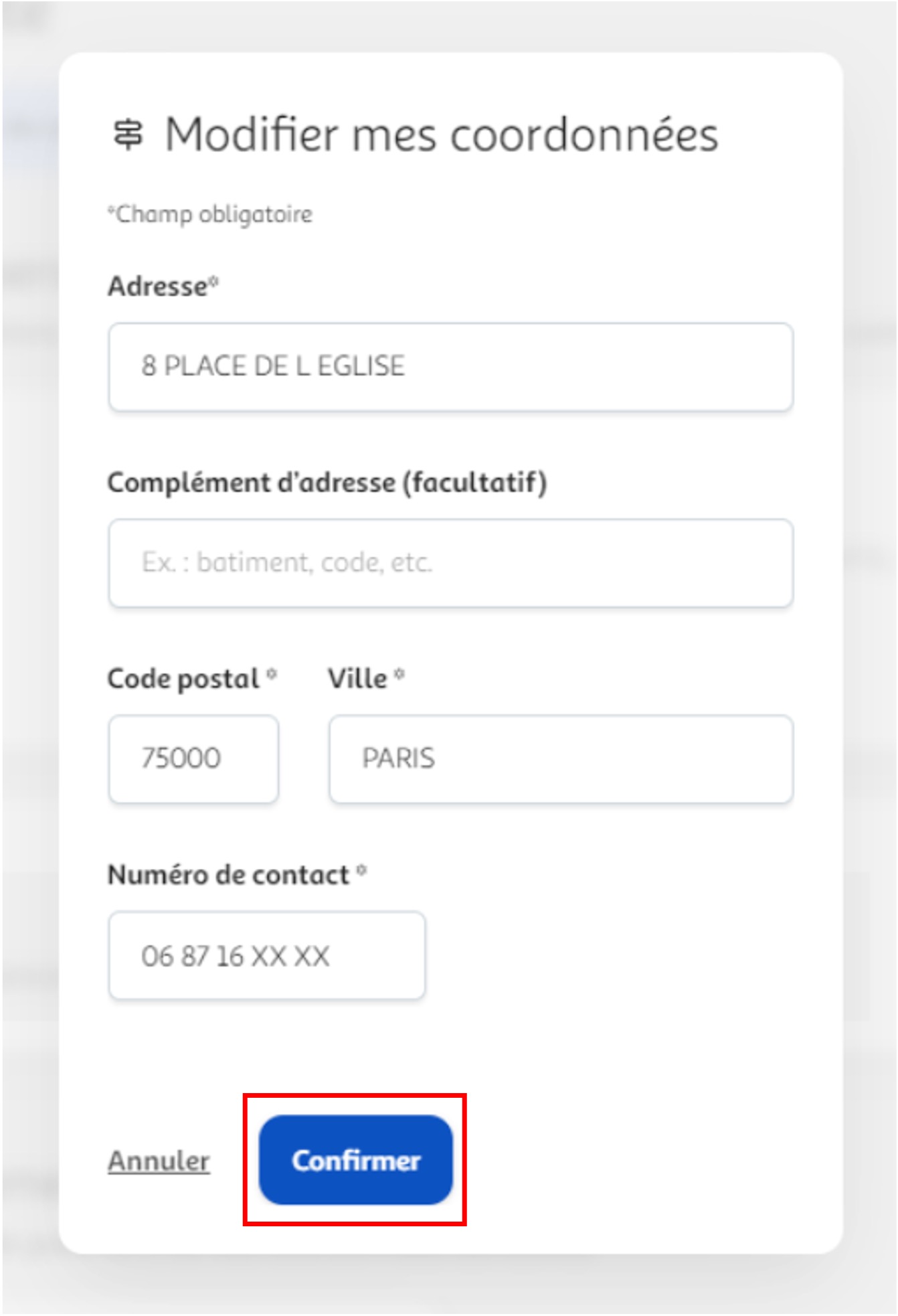 Etape 4 - Remplir les informations et cliquer sur "Confirmer"  (Modifier adresse postale sur espace client)