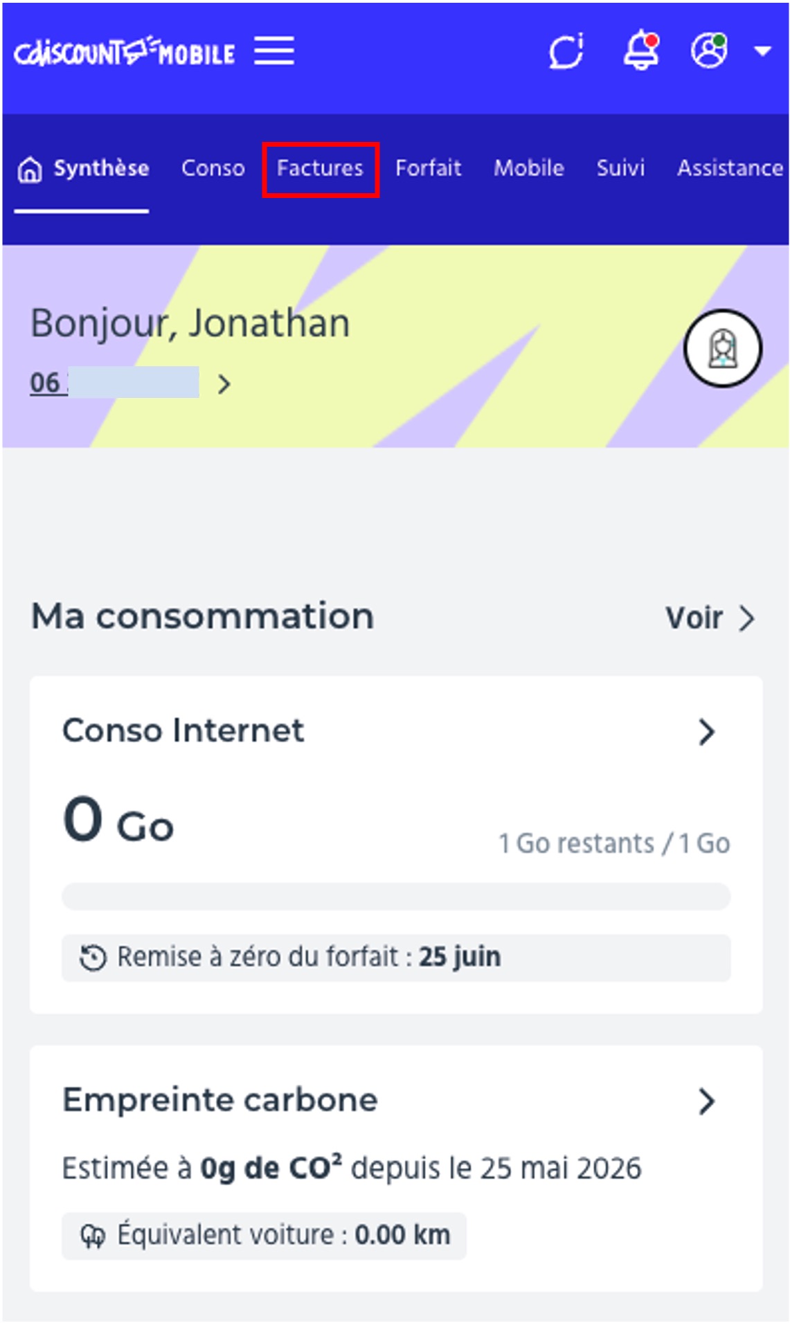 Etape 1 - Cliquer en haut sur "Factures" (Trouver et télécharger la facture CDiscount mobile)