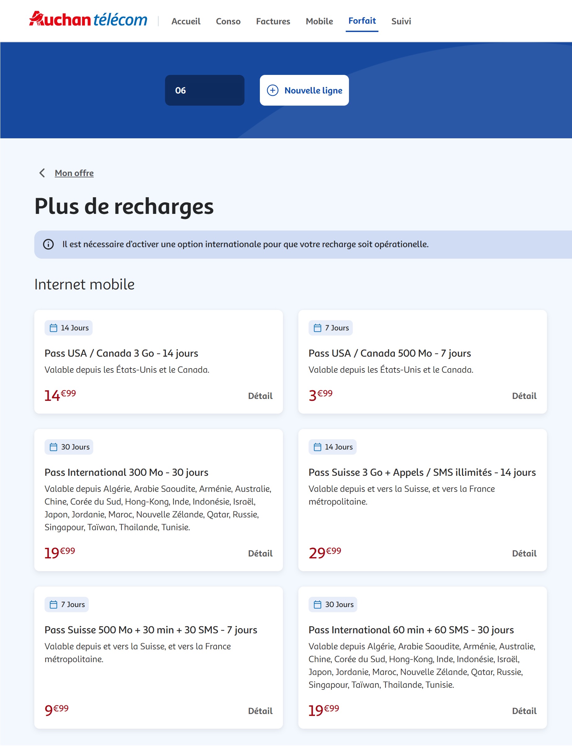 Etape 3 - Sélectionner l'option souhaitée en cliquant sur "Détail" (Souscrire recharge étranger Auchan télécom)