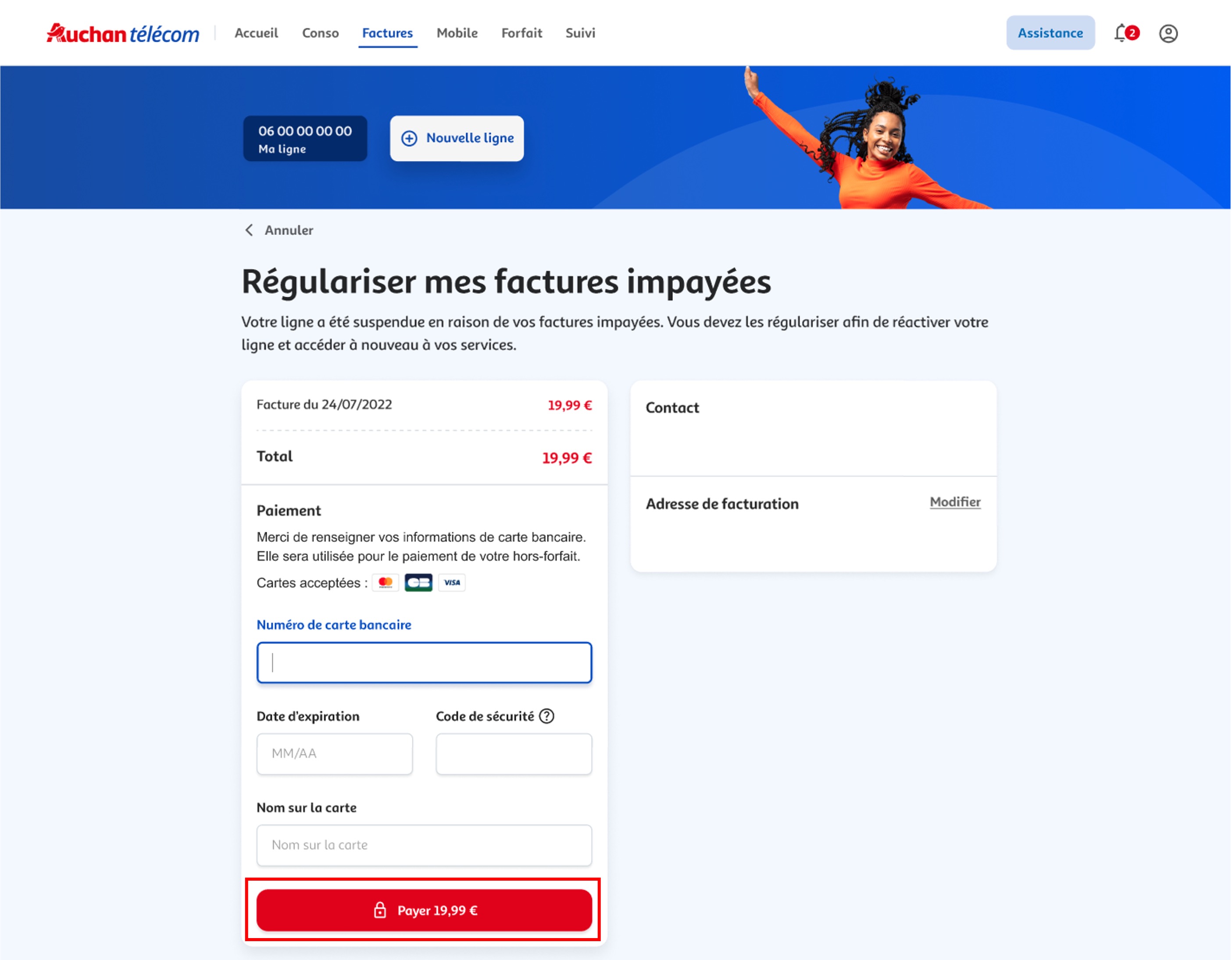 Etape 3 - Remplir les informations bancaires et cliquer sur "Payer" (Payer facture impayée Auchan télécom)
