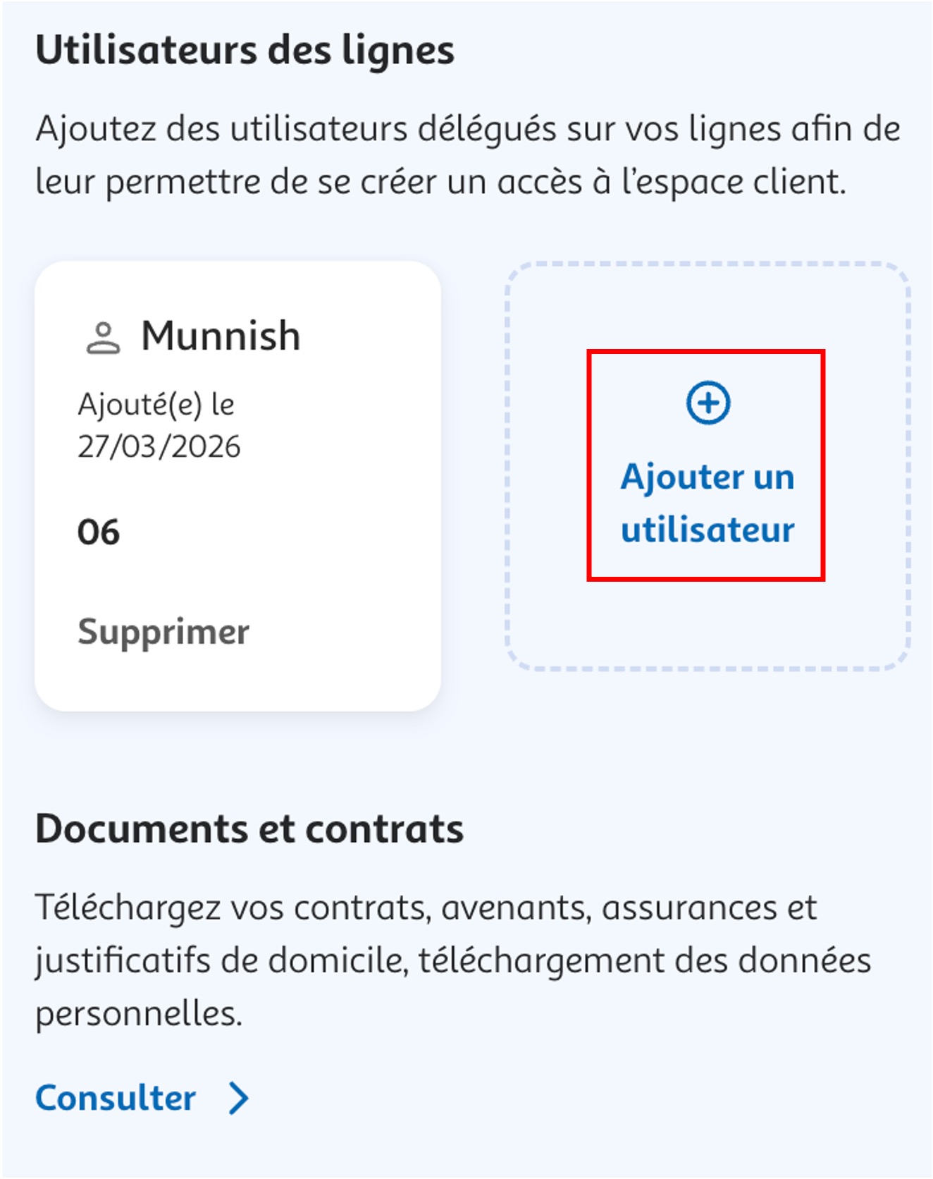 Etape 3 - Cliquer sur "Ajouter un utilisateur" (Ajouter utilisateur ligne espace client)