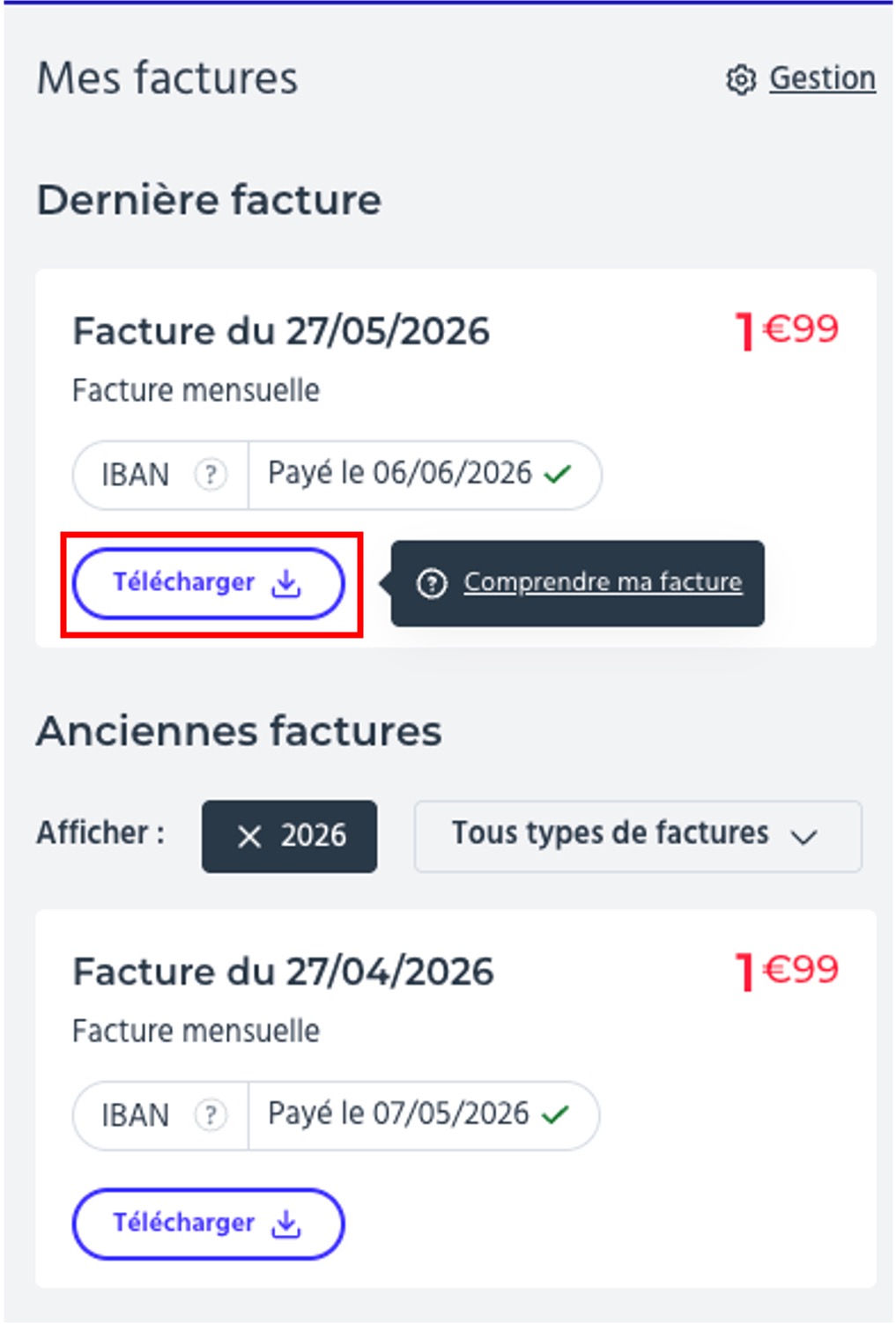 Etape 2 - Sur la facture cliquer sur "Télécharger" (Trouver et télécharger la facture CDiscount mobile)