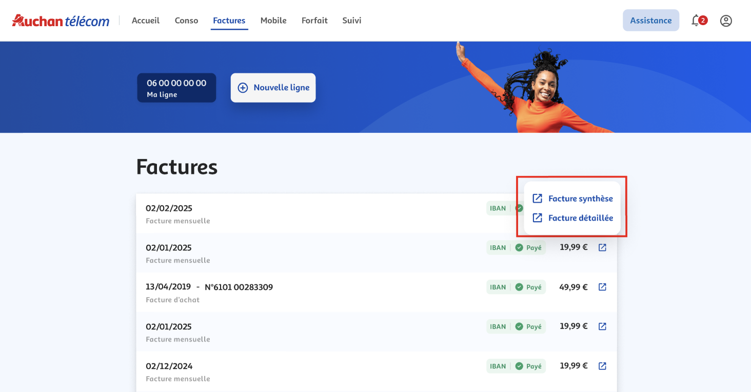 Etape 2 - Cliquer sur Facture synthèse ou Facture détaillée (Télécharger facture Auchan télécom)