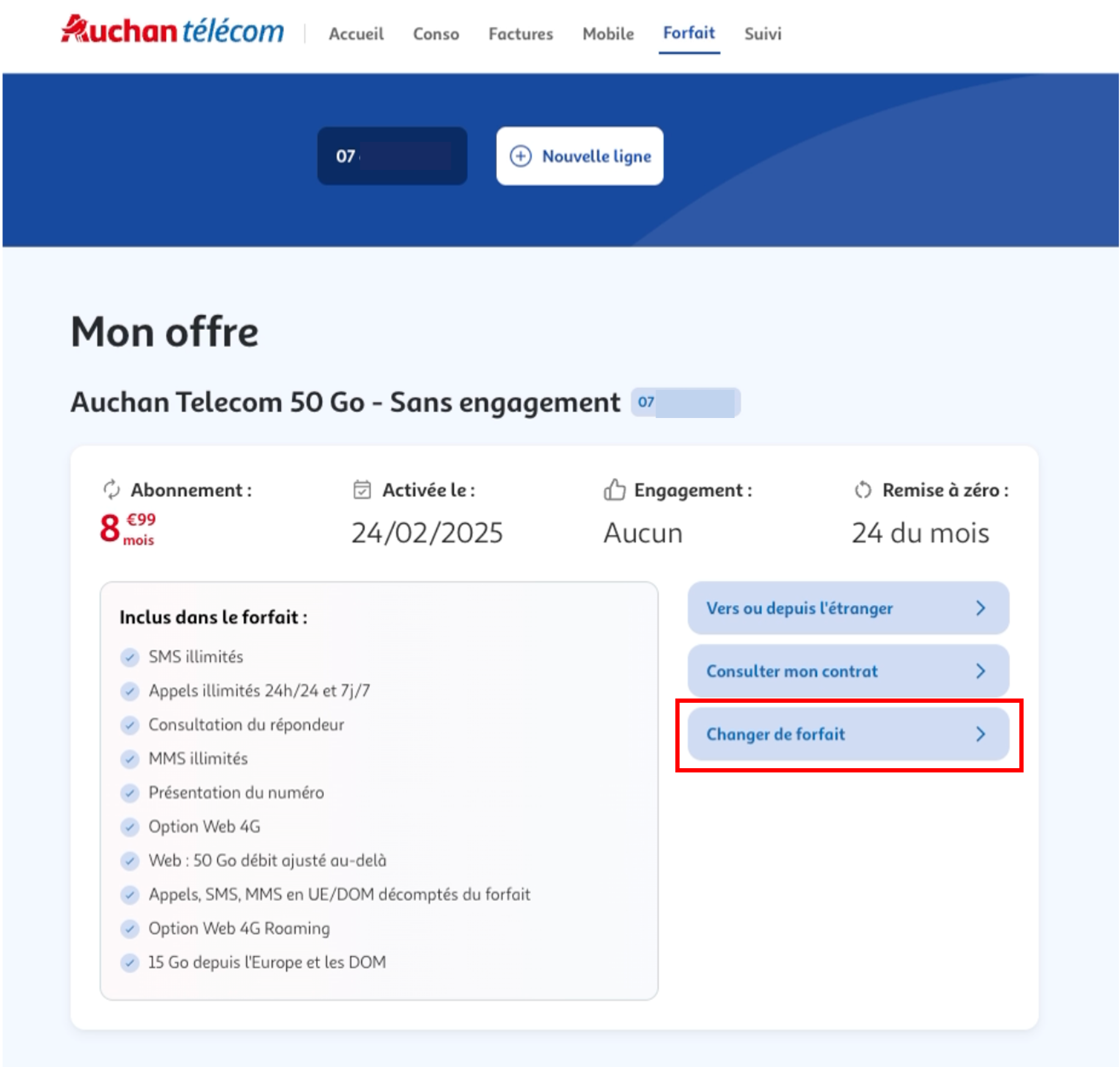 Etape 2 - Cliquer sur "Changer de forfait" (Changer forfait Auchan Télécom espace client)