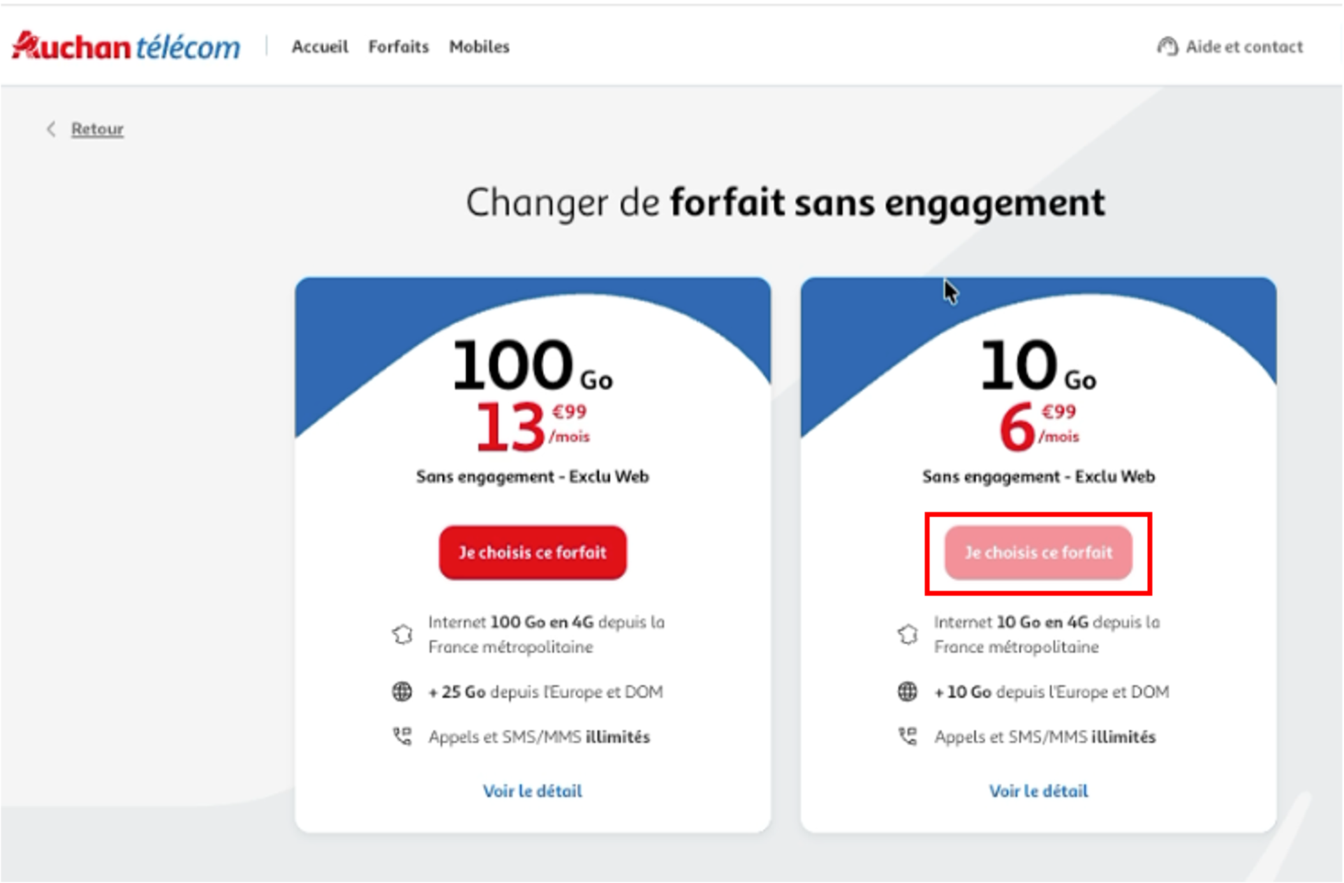Etape 3 - Cliquer sur "Je choisis ce forfait" (Changer forfait Auchan Télécom espace client)