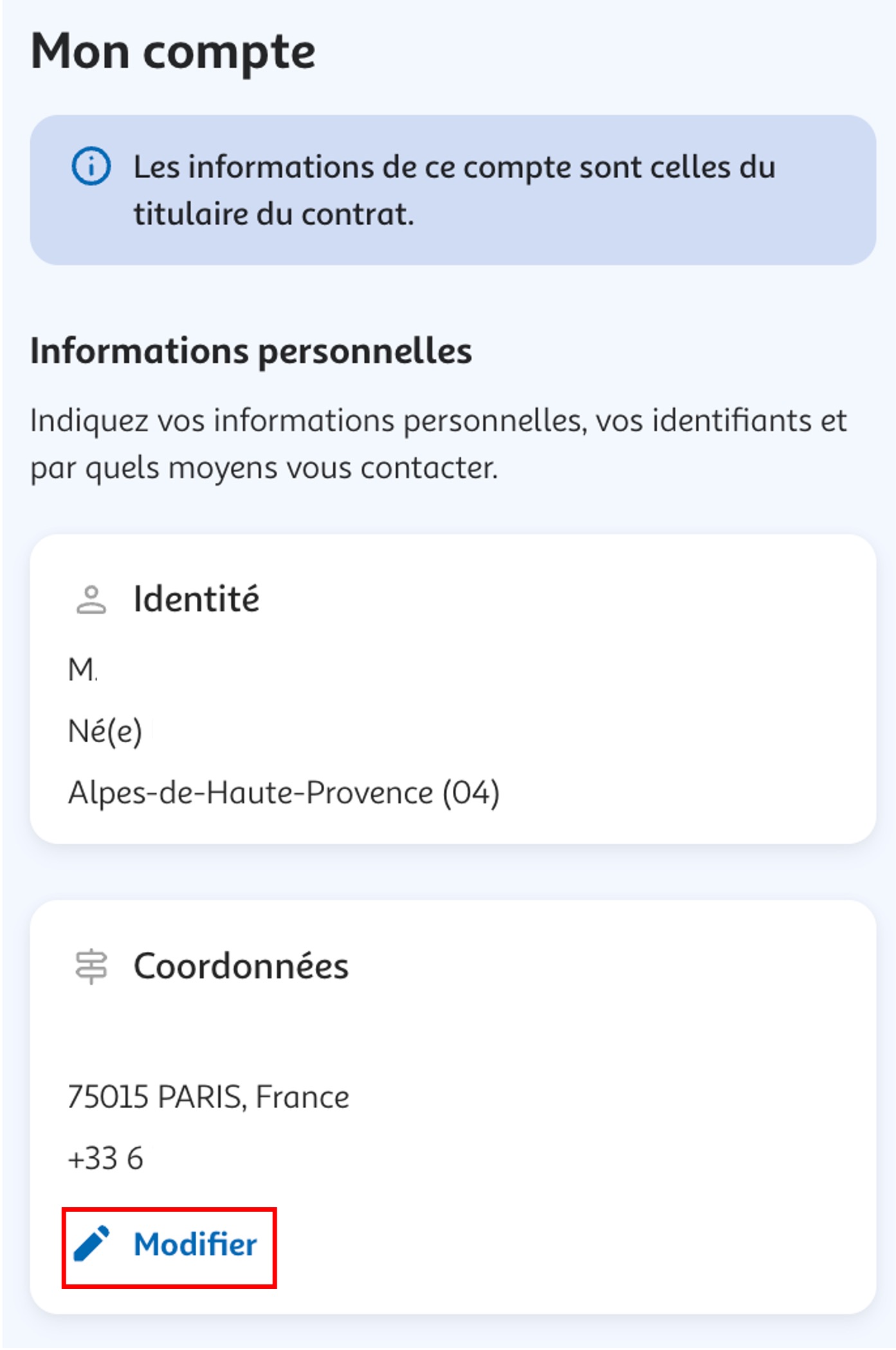 Etape 3 - Dans "Coordonnées" cliquer sur "Modifier"  (Modifier adresse postale sur espace client)