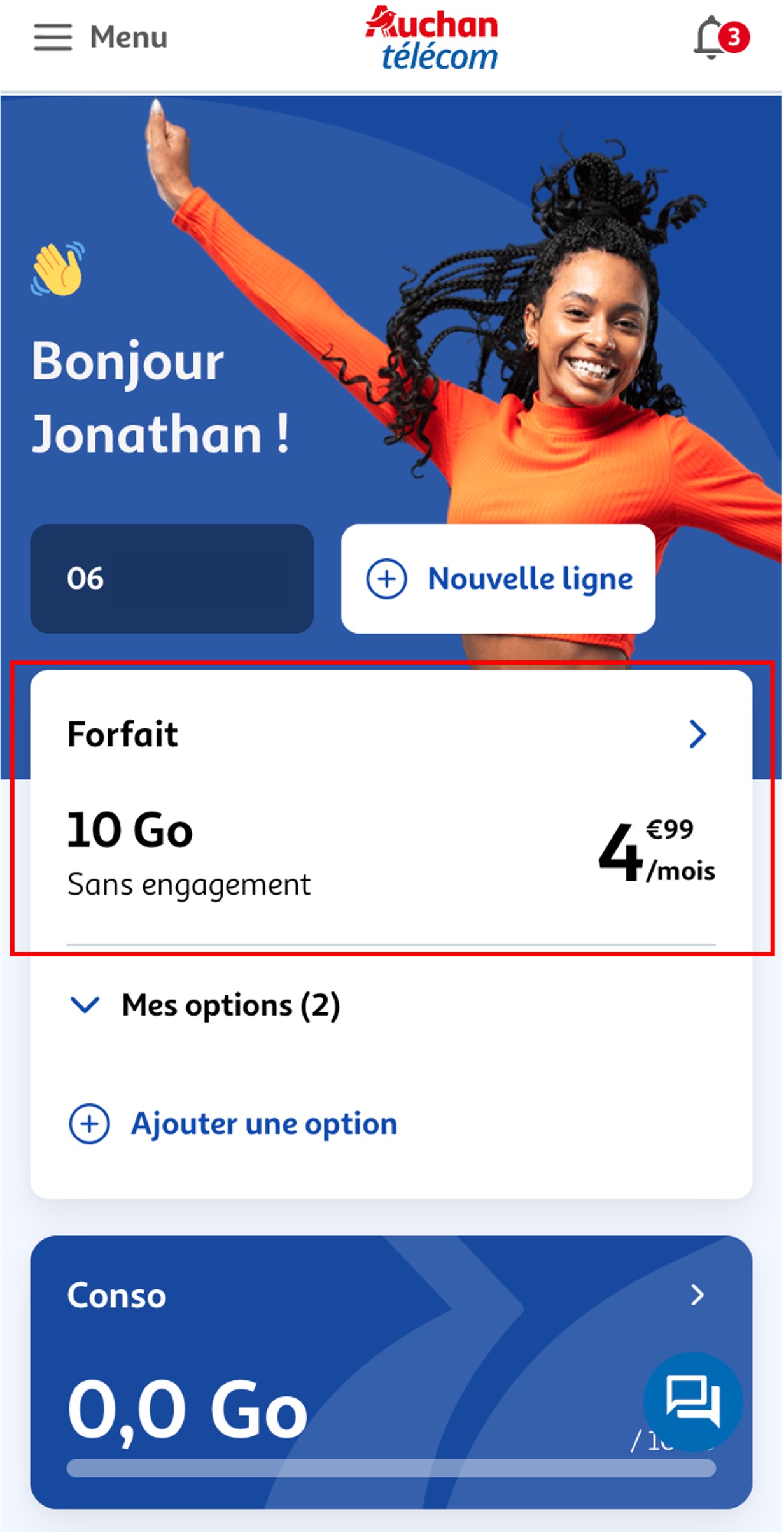 Etape 1 - Cliquer sur "Forfait" (Annuler / Rétractation commande Auchan Télécom)