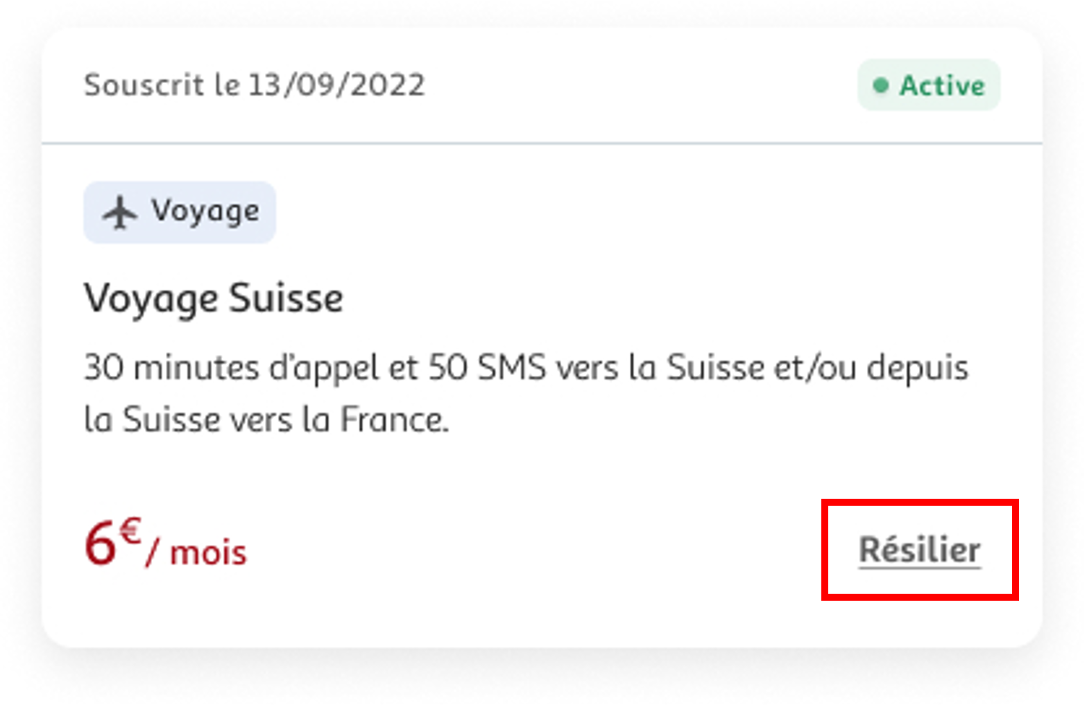Etape 3 - Cliquer sur "Résilier" (Résilier option espace client Auchan Telecom)