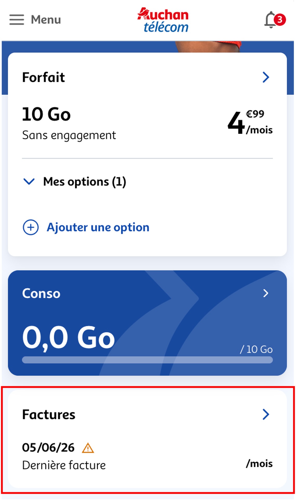 Etape 2 - Cliquer sur "Factures" (Consulter factures de plusieurs lignes espace client)
