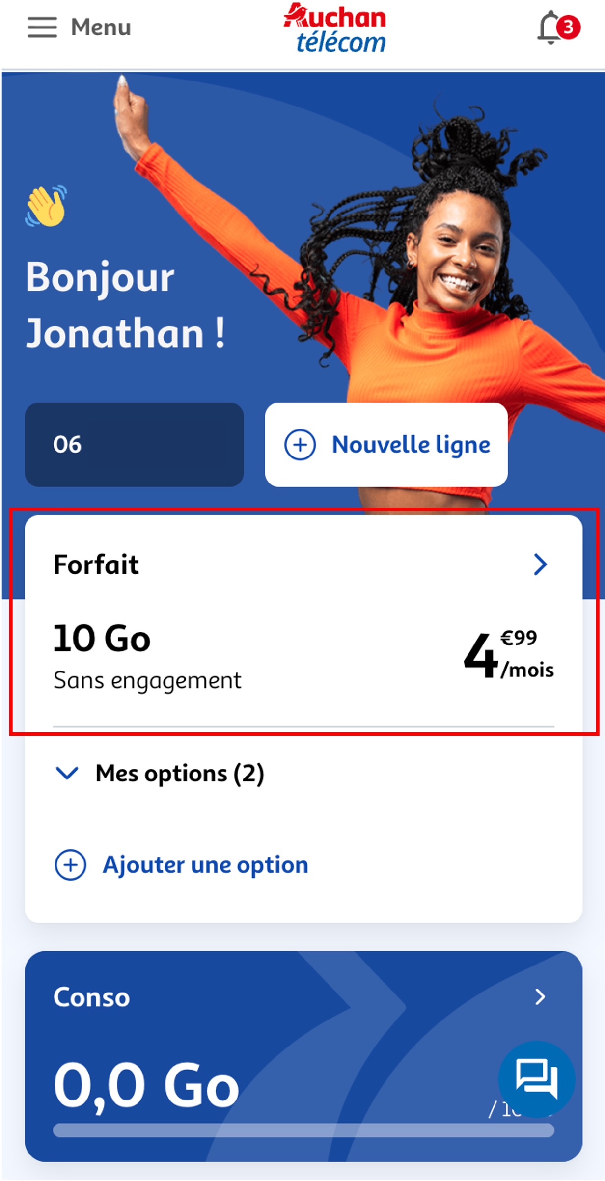 Etape 1 - Cliquer sur "Forfait" (Résilier forfait Auchan Télécom)
