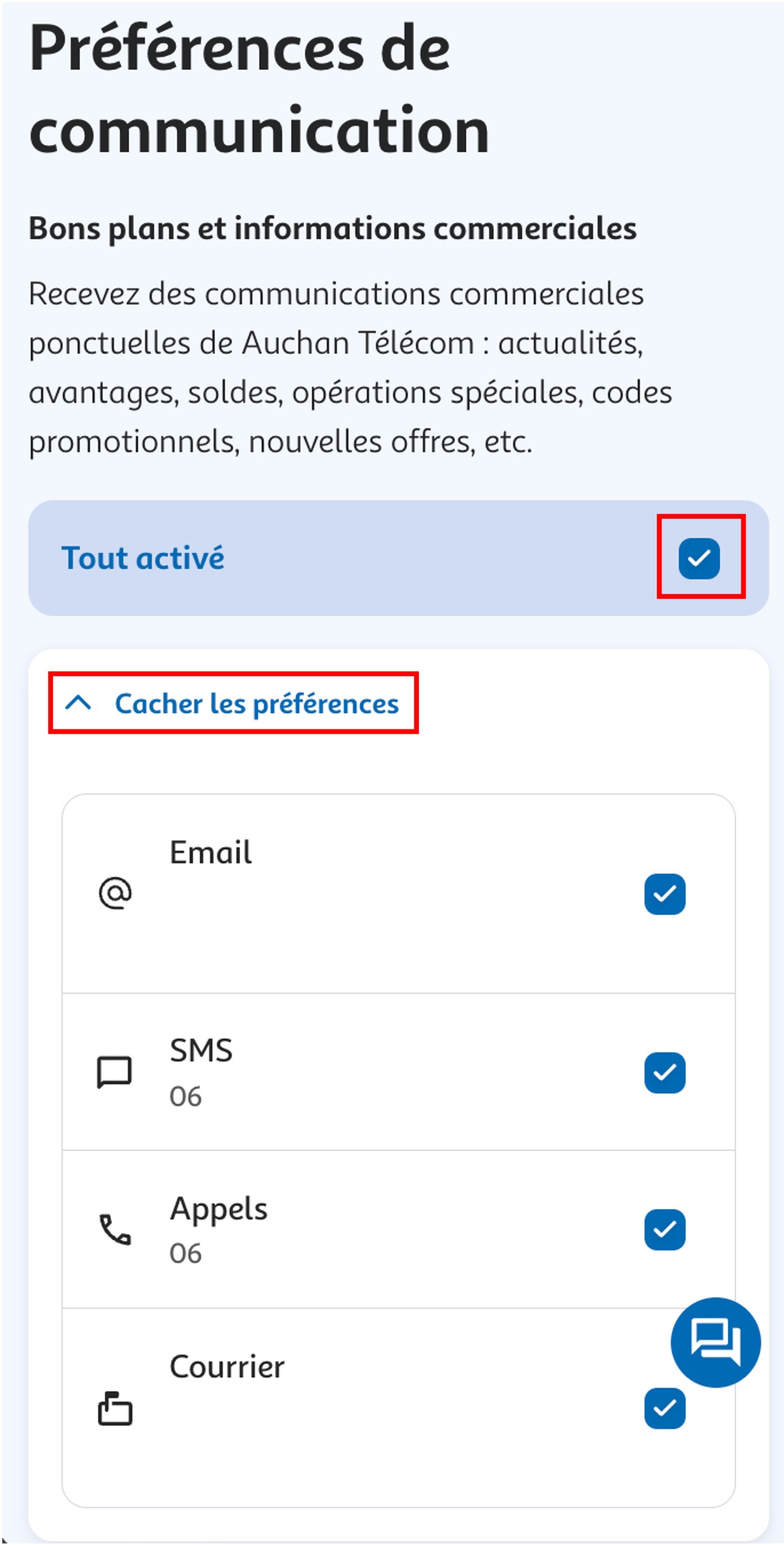 Etape 4 - Cliquer sur "Tout activé" pour désactiver ou sur l'icône flèche pour afficher les moyens de contact et sélectionner (Activer ou désactiver l'envoi de propositions commerciales)