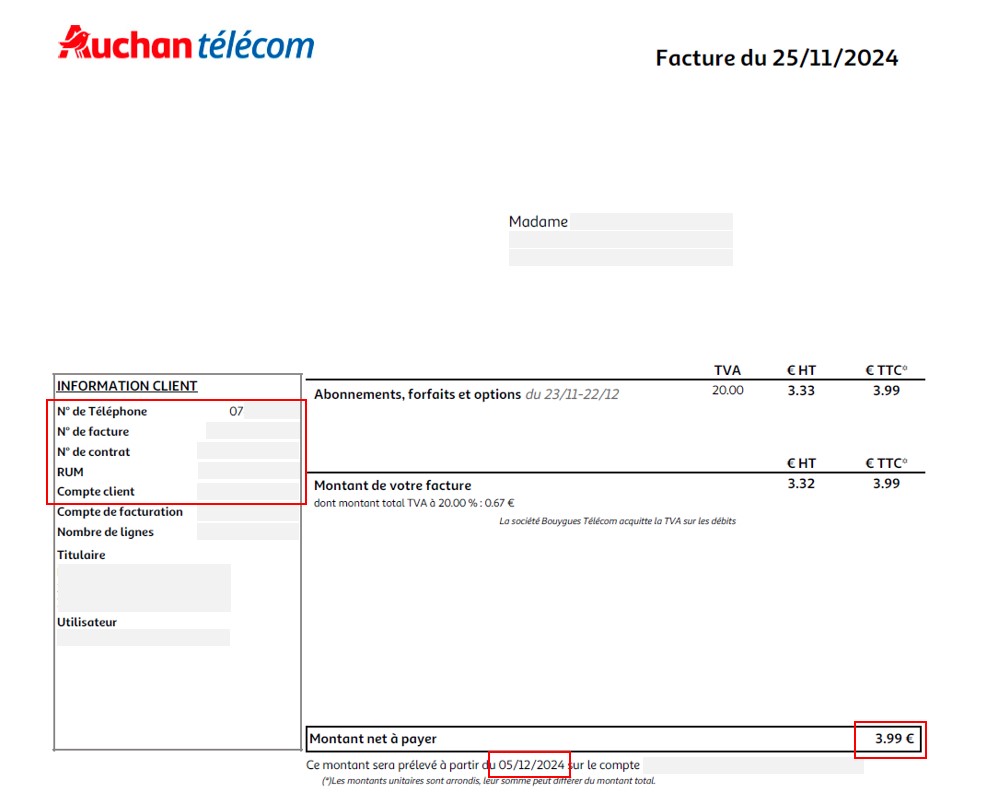 Exemple 1re page de la facture synthèse Auchan Télécom