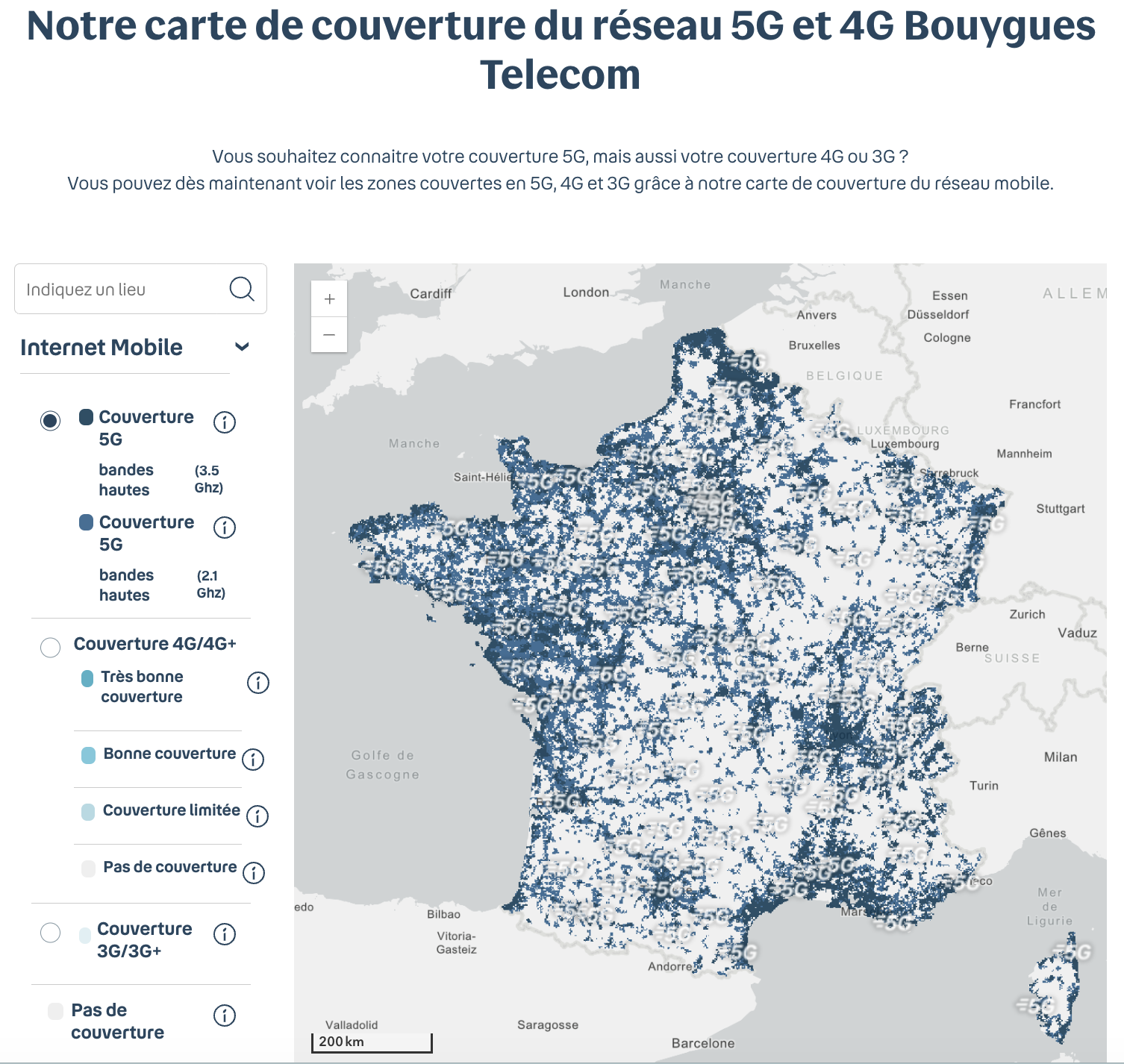 Carte de couverture réseau Auchan Télécom en partenariat avec Bouygues Telecom