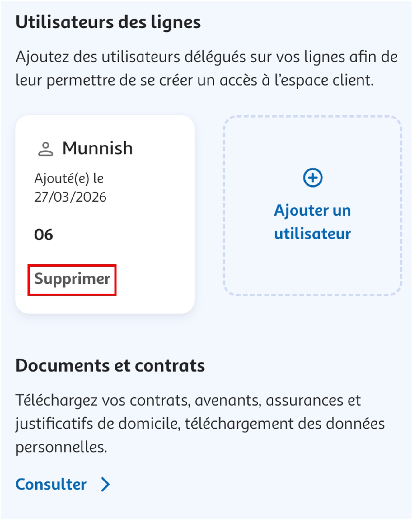 Etape 3 - Dans "Utilisateurs des lignes" sur la ligne cliquer sur "Supprimer"(Supprimer utilisateur ligne espace client)