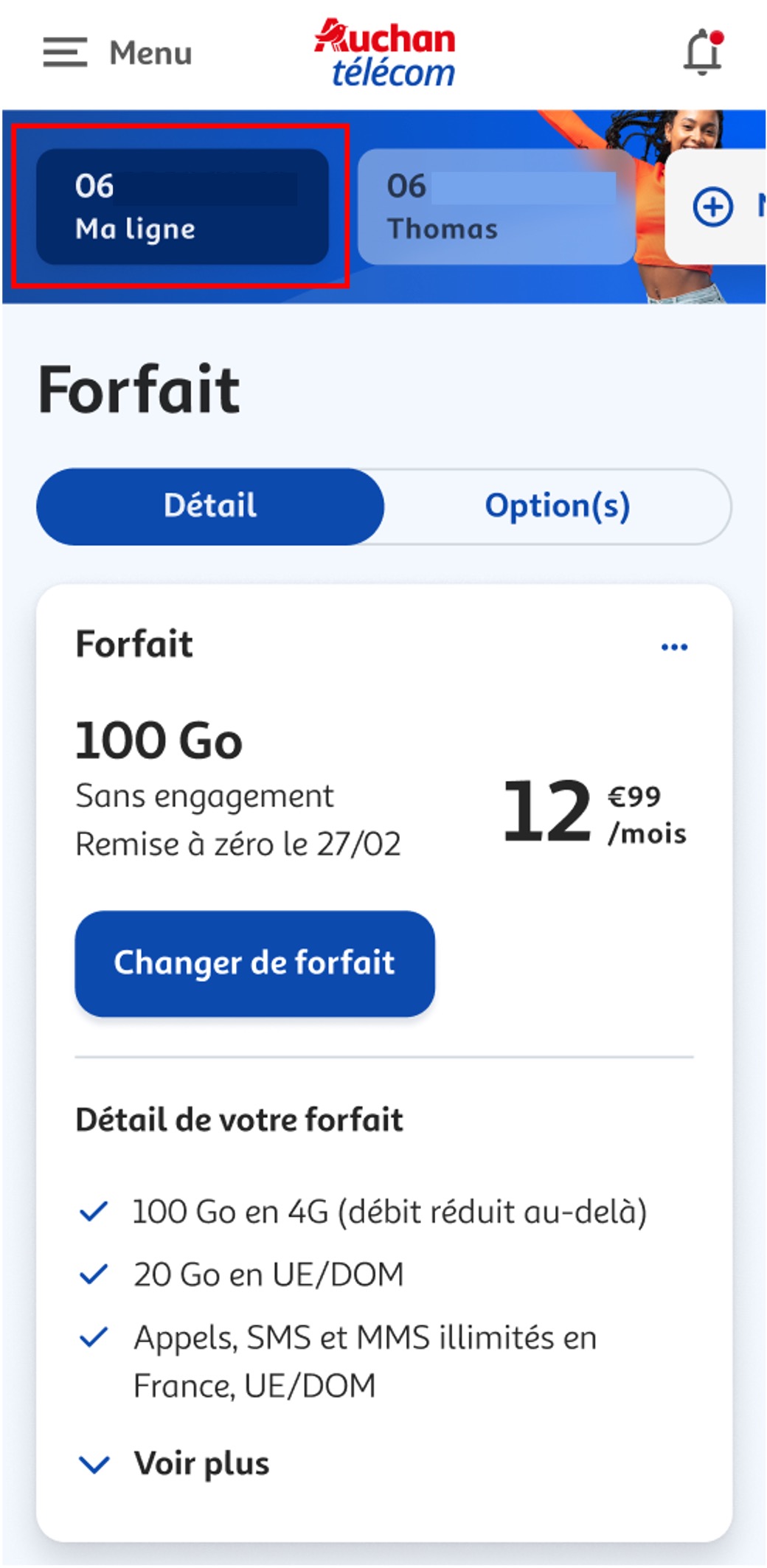 Etape 1 - Dans "Accueil" sélectionner une ligne (Consulter factures de plusieurs lignes espace client)
