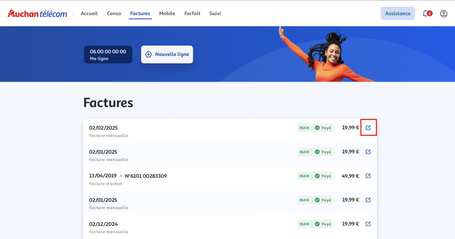 Etape 1 - Cliquer sur l'icône en face de la facture qui vous intéresse (Télécharger facture Auchan télécom)