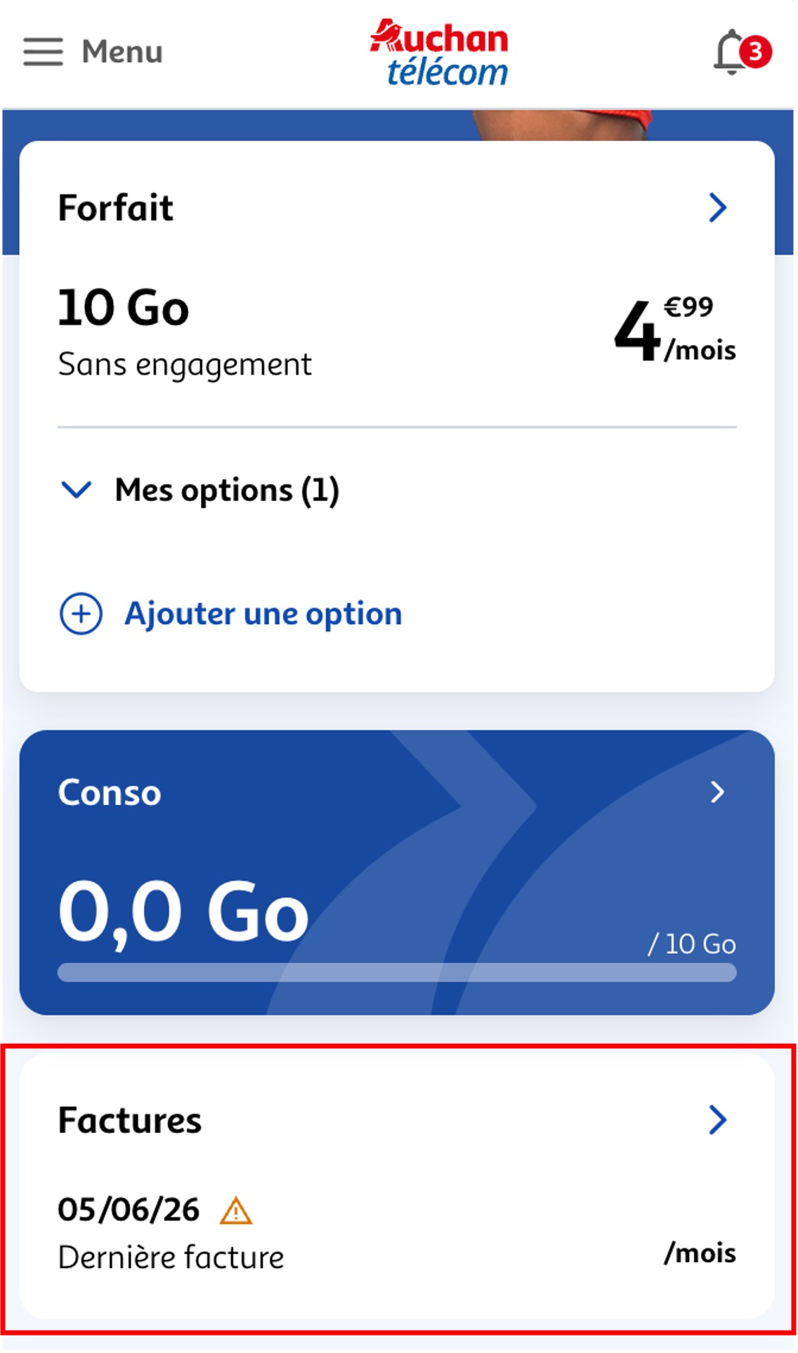 Etape 1 - Cliquer sur "Factures" (Trouver et télécharger facture Auchan Télécom)