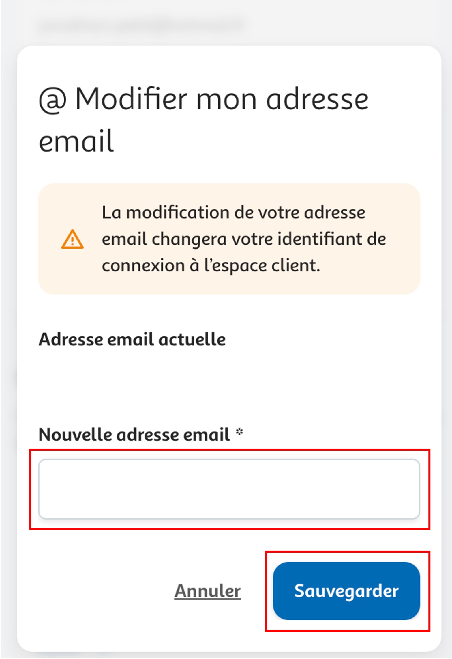 Etape 4 - Indiquer nouvelle adresse e-mail et cliquer sur "Sauvegarder"  (Mettre à jour l'adresse e-mail sur espace client)