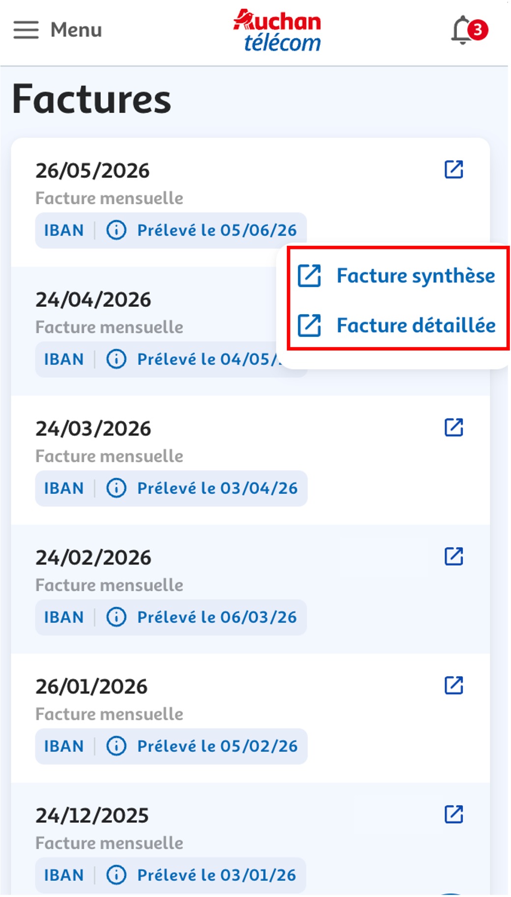 Etape 3 - Cliquer sur "Facture synthèse" ou "Facture détaillée" Etape 1 - Cliquer sur "Factures" (Trouver et télécharger facture Auchan Télécom)