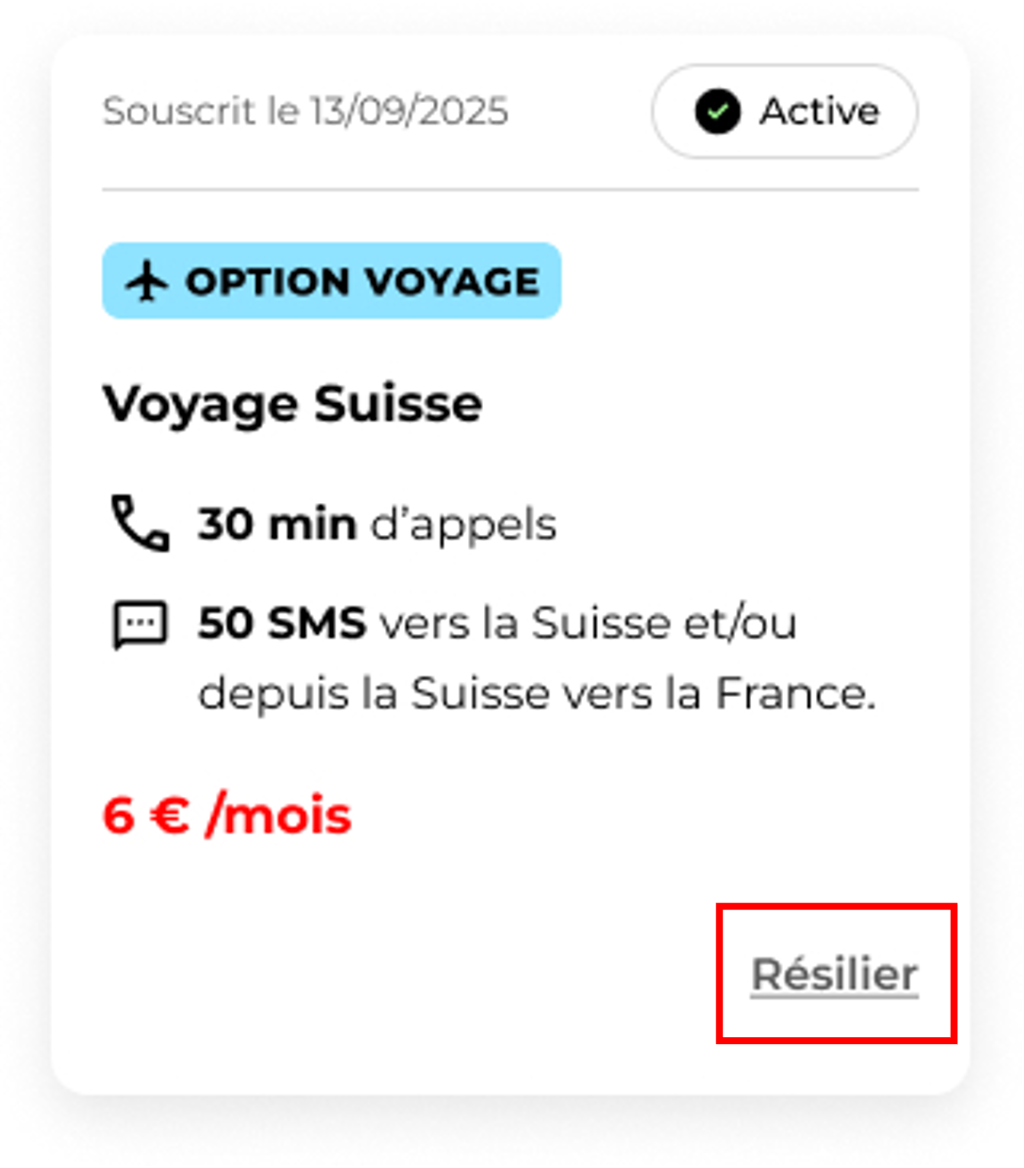 Etape 3 - Cliquer sur "Résilier" (Résilier une option sur l'espace client)