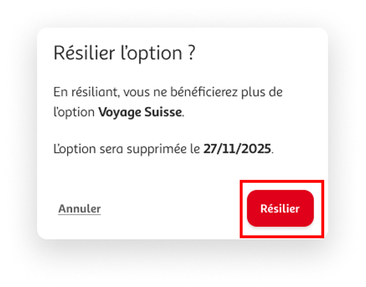 Etape 4 - Cliquer sur "Résilier" pour confirmer(Résilier option espace client Auchan Telecom)