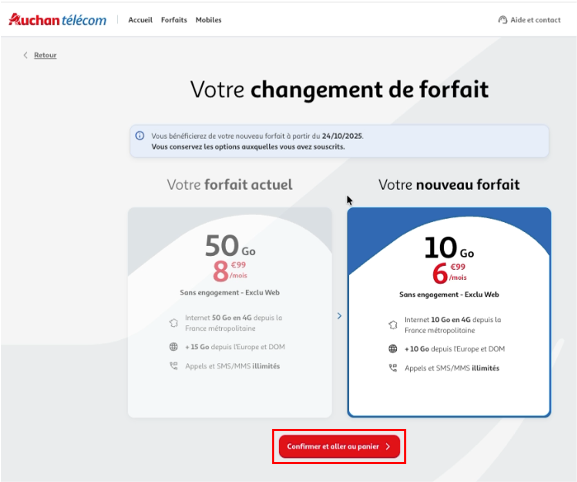 Etape 4 - Cliquer sur "Confirmer et aller au panier" (Changer forfait Auchan Télécom espace client)