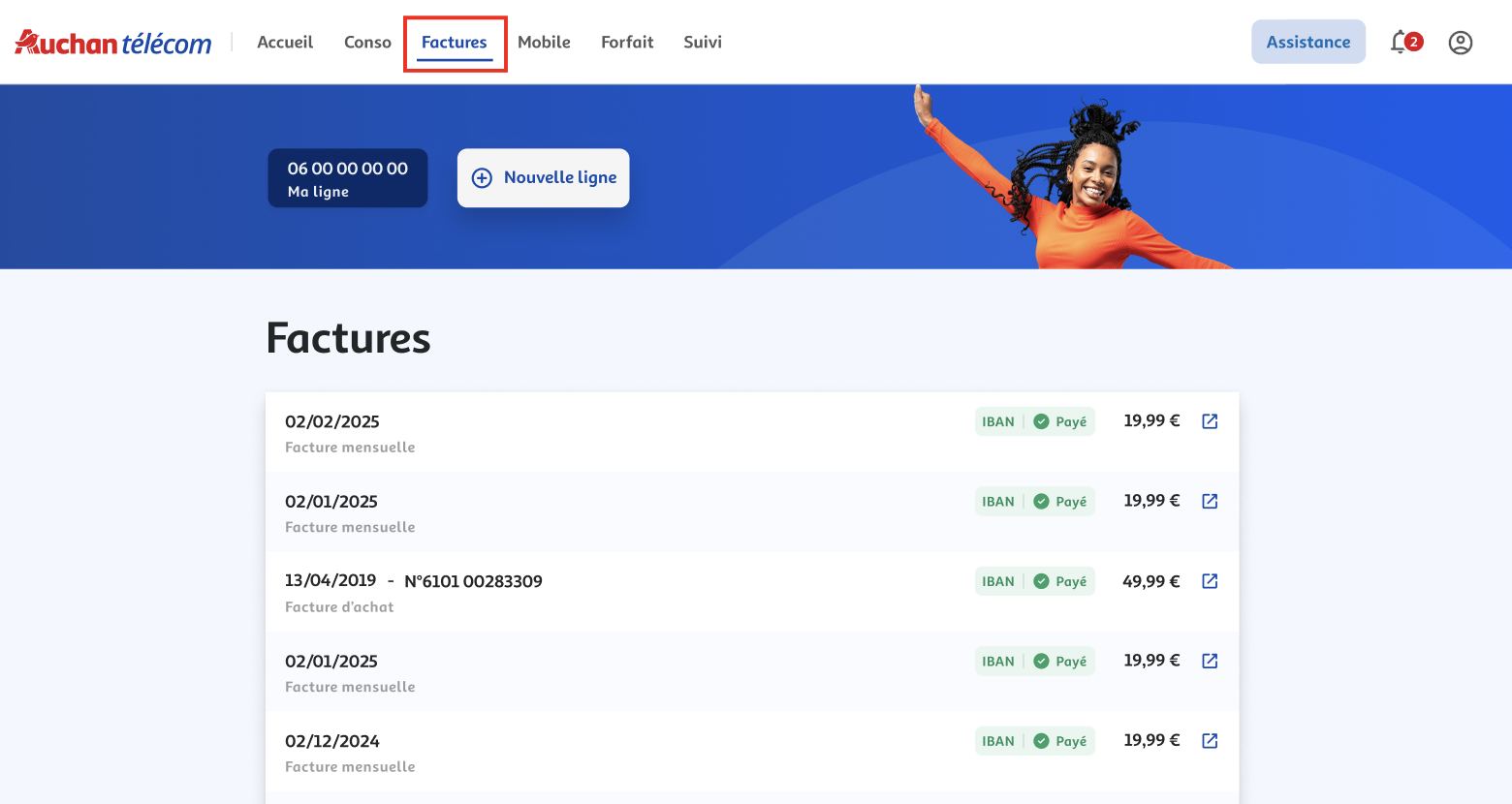 Rubrique "Factures" espace client Auchan télécom