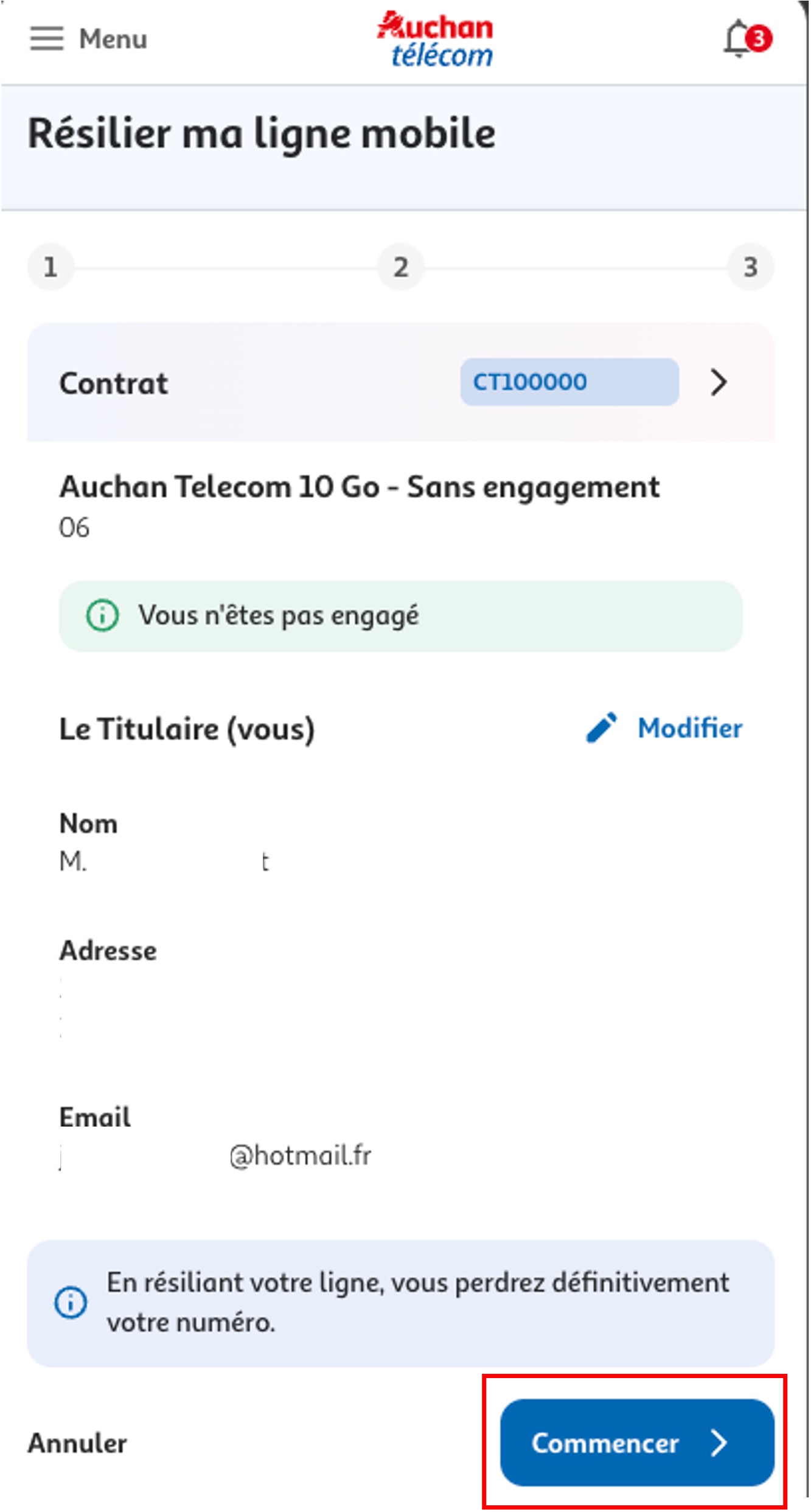 Etape - Cliquer sur "Commencer" (Résilier forfait Auchan Télécom)