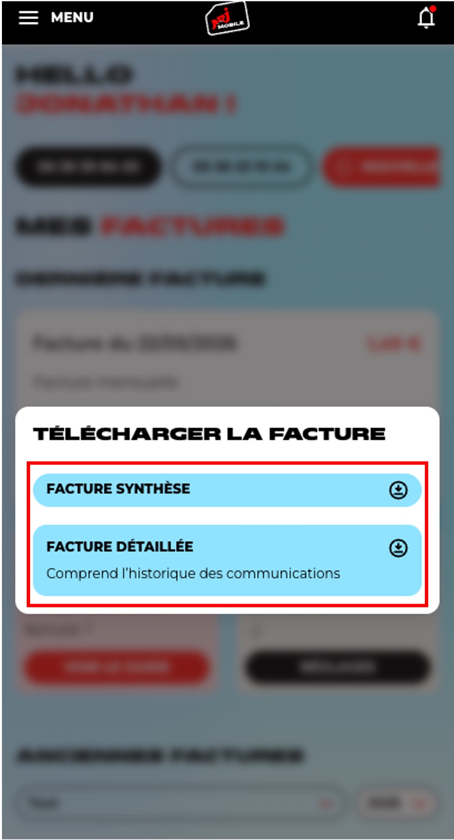 Etape 4 - Cliquez sur "FACTURE SYNTHÈSE" ou " FACTURE DÉTAILLÉE"(Trouver et télécharger la facture NRJ mobile)