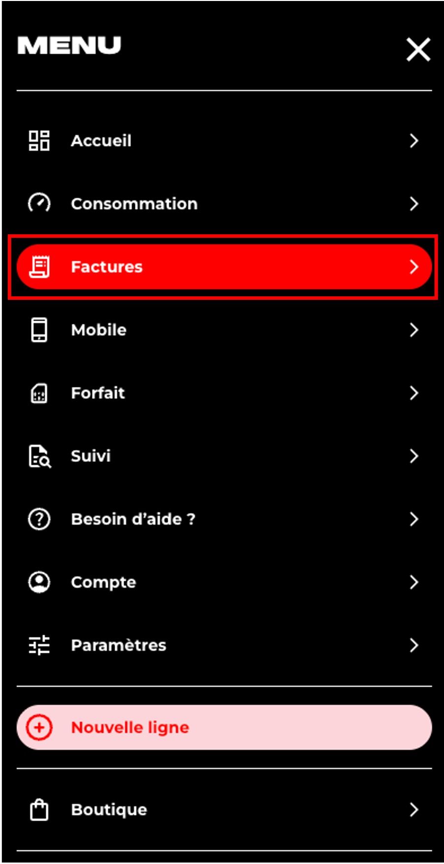  Etape 2 - Cliquez sur "Factures" (Trouver et télécharger la facture NRJ mobile)