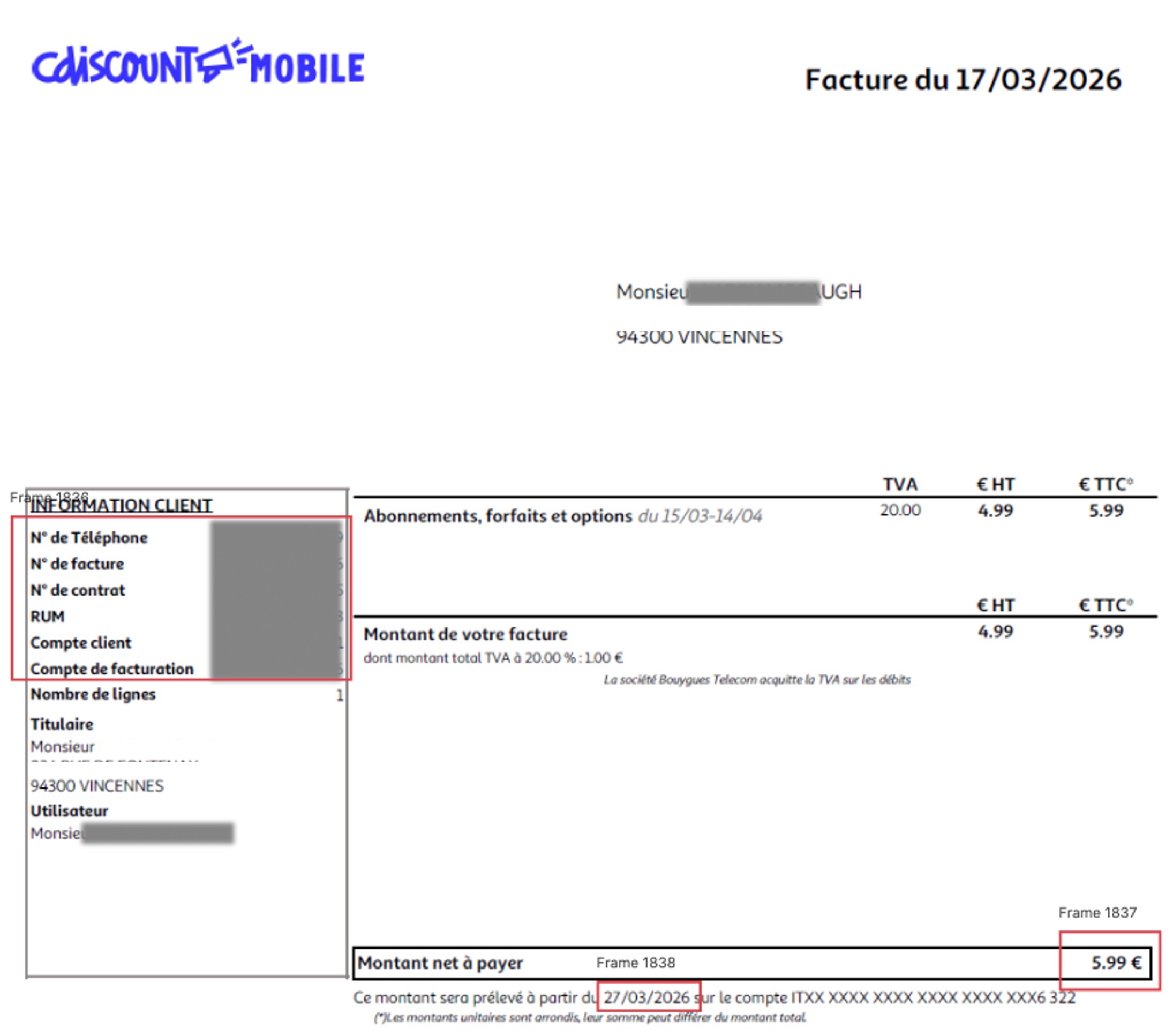 Exemple facture CDiscount mobile: explication de la facture 1re page