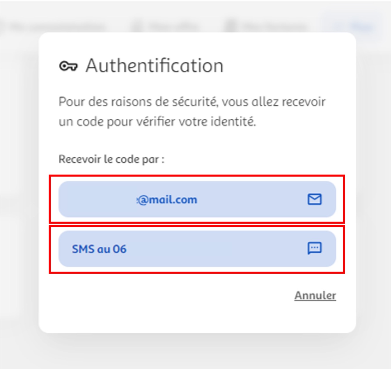 Etape 3 - Cliquer sur le moyen pour recevoir le code par e-maill ou SMS (Réinitialiser mot de passe perdu ou oublié)